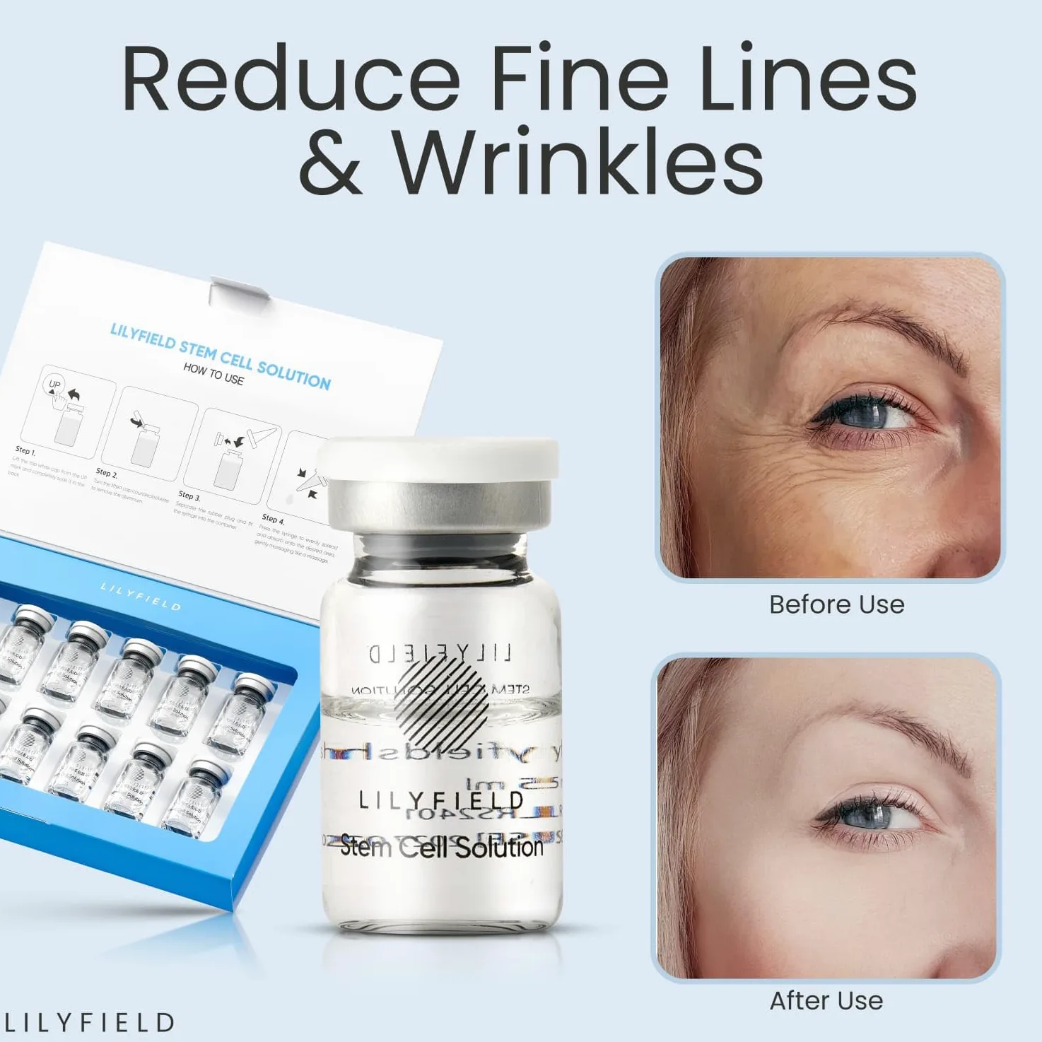 LILYFIELD Solución de células madre, ampollas de suero de ácido hialurónico antienvejecimiento avanzadas, hidratando la piel, suaviza las líneas finas, reduce las arrugas y los signos de