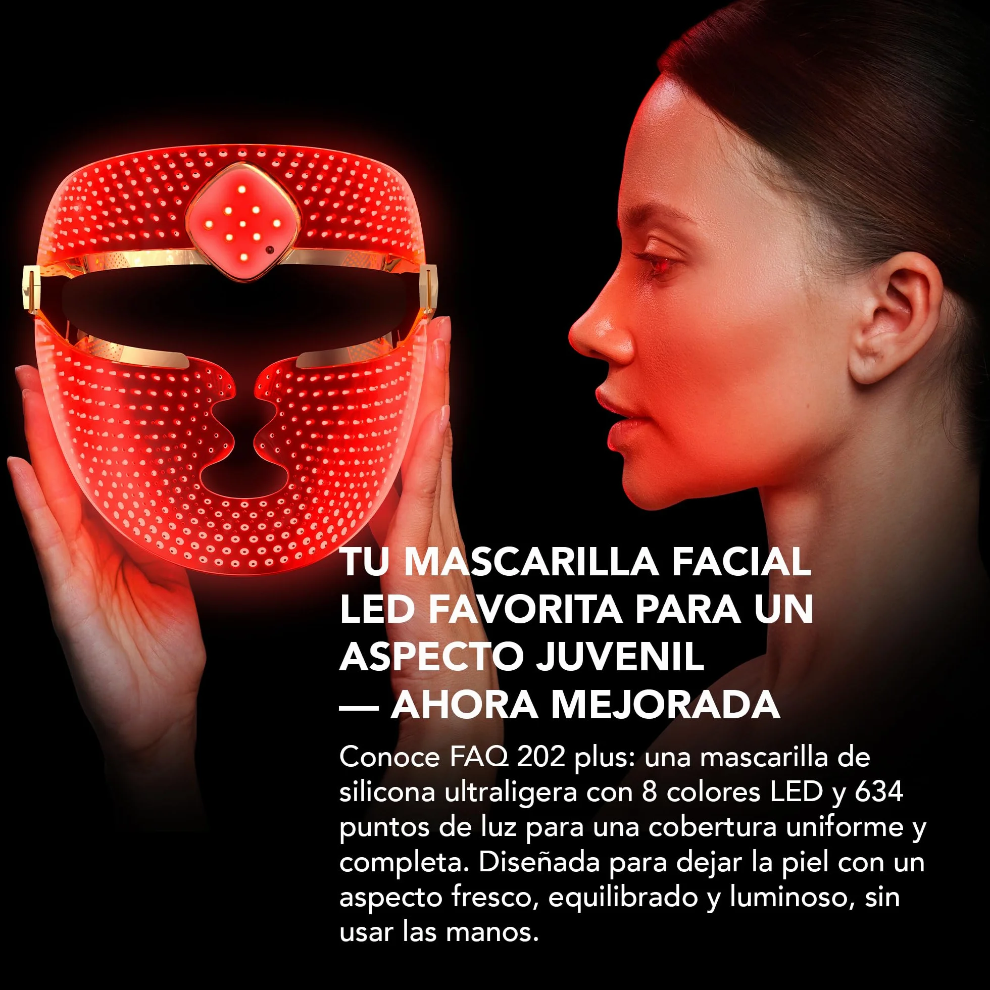 FAQ 202 Plus Mascara LED Facial Antiedad Avanzada de 8 Colores – Luz Roja e Infrarroja Cercana – Máscara Inalámbrica con 634 Puntos de Luz para Luminosidad, Firmeza y Cuidado Facial Completo