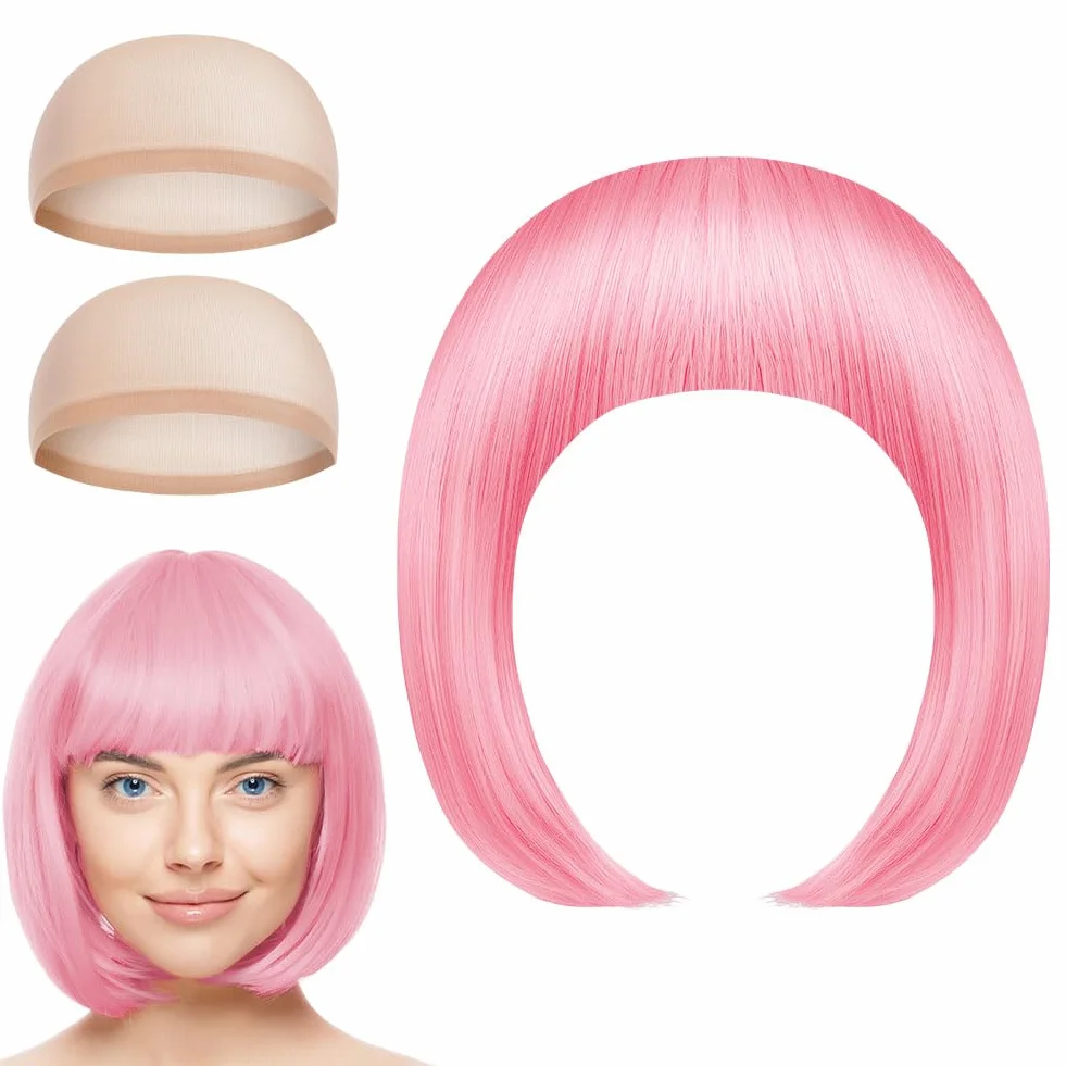 Aomig Peluca Rosa Corta Anime Cosplay con Gafas y Redecilla, Peluca Bob Sintética Neón Halloween Carnaval