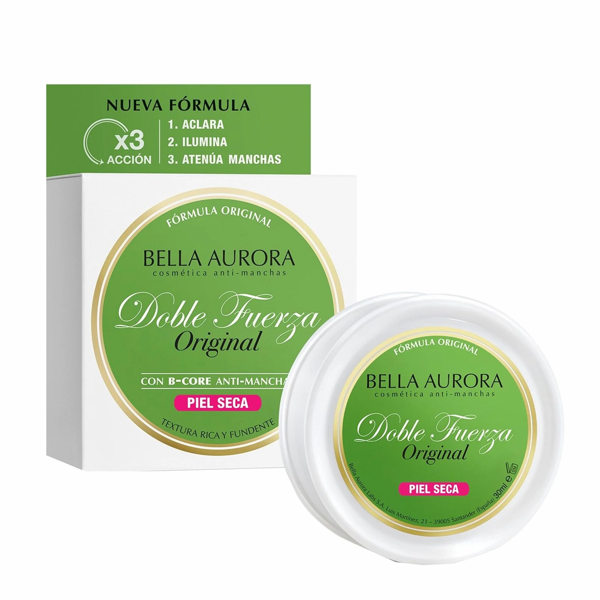 BELLA AURORA Crema Doble Fuerza para Piel Seca 30 ml Tratamiento Aclarante Antimanchas Hidratante con B-Core 221