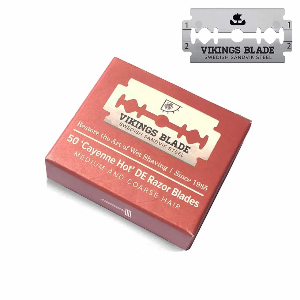 VIKINGS BLADE Cuchillas de afeitar de seguridad de doble filo, 50 cuchillas, acero sueco + revestimiento de platino, cuchillas de afeitar de repuesto y recambios (semiagresivas y seguras)