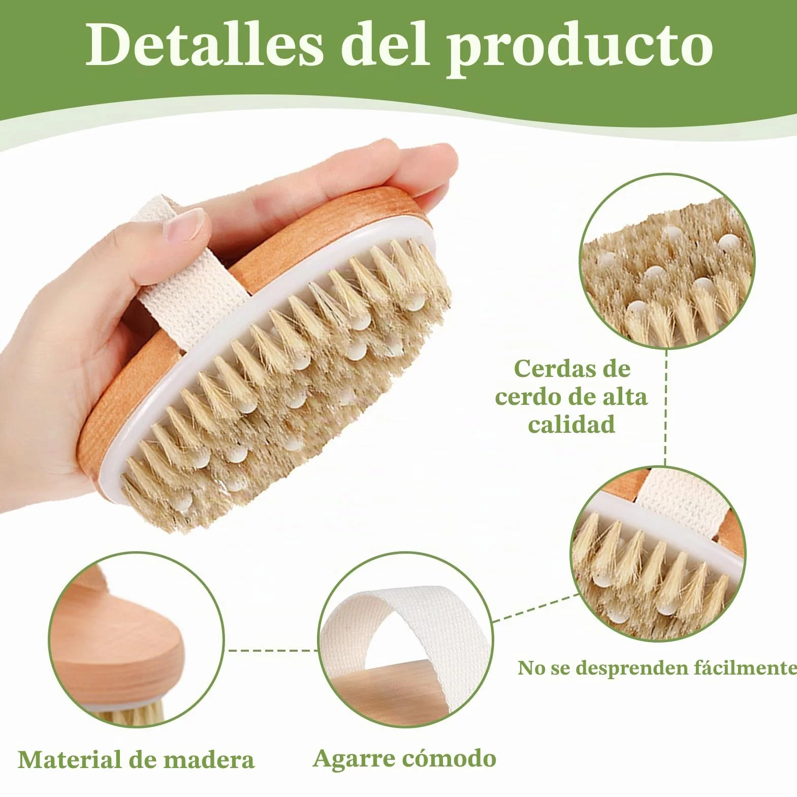 Cepillo seco corporal exfoliante cerdas de jabalí para drenaje linfático y reducción de celulitis