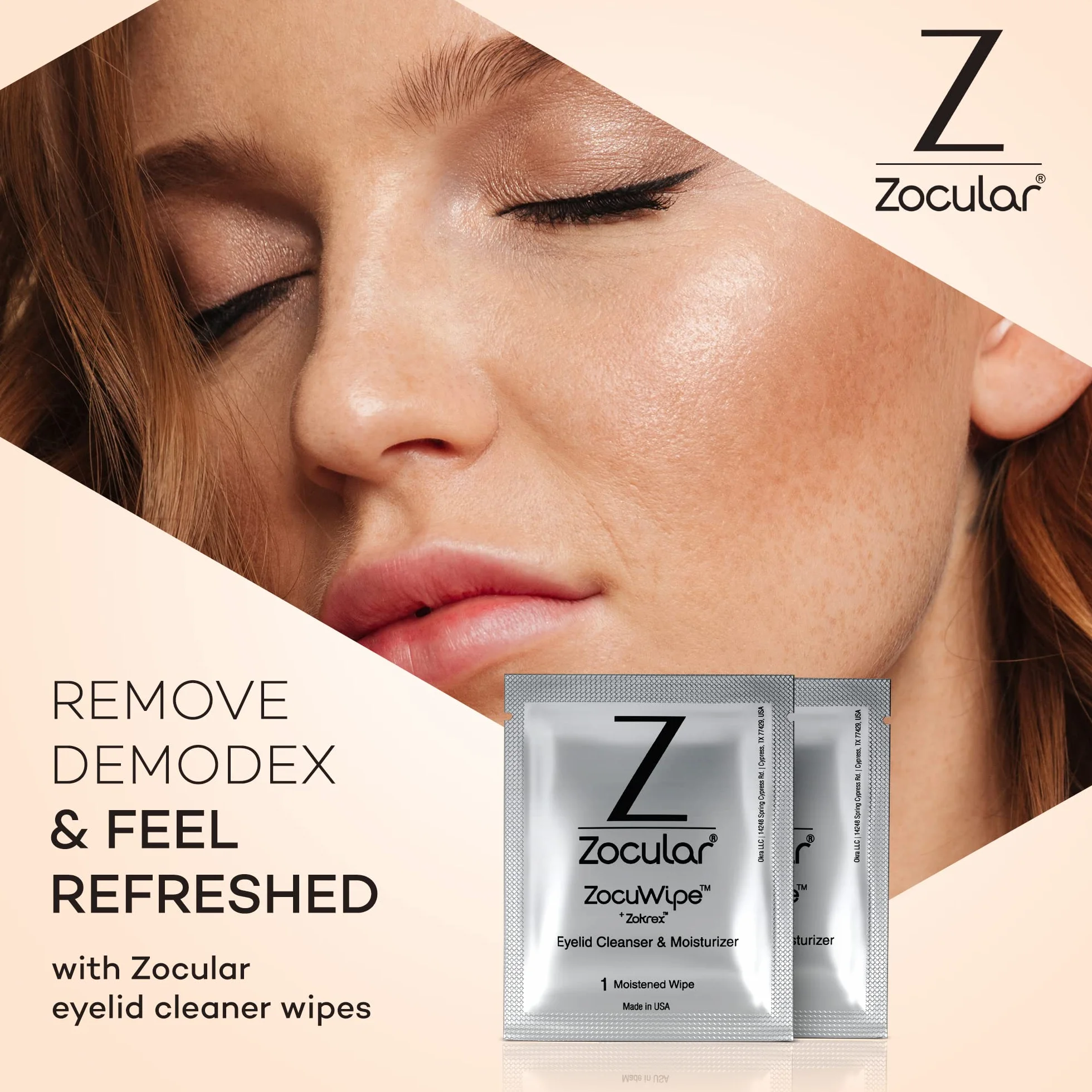 Zocular ZocuWipe - Toallitas limpiadoras de párpados con complejo de okra natural, limpiador diario suave de párpados y almohadillas hidratantes, desmaquillante y toallitas higiénicas para los ojos