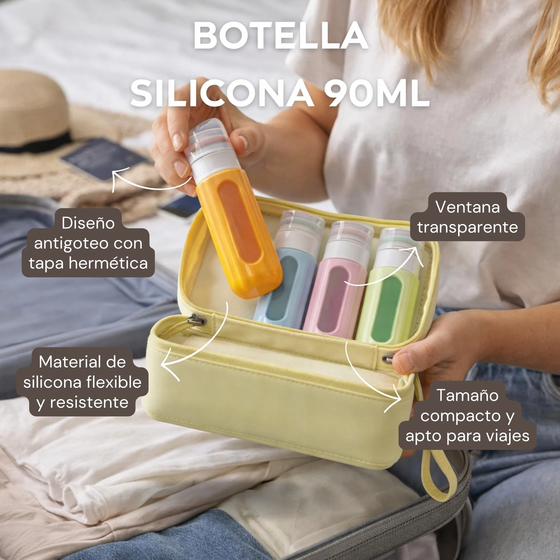 Kit de viaje Botellas rellenables de silicona suave 90ml 30ml 4 unidades resistentes sin fugas