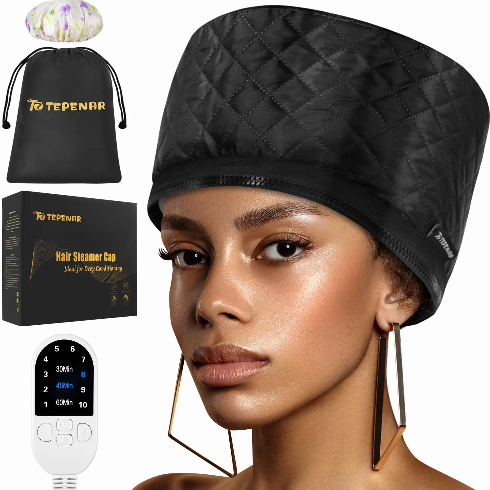 TEPENAR Gorro térmico eléctrico para cabello afro natural vaporizador portátil Negro