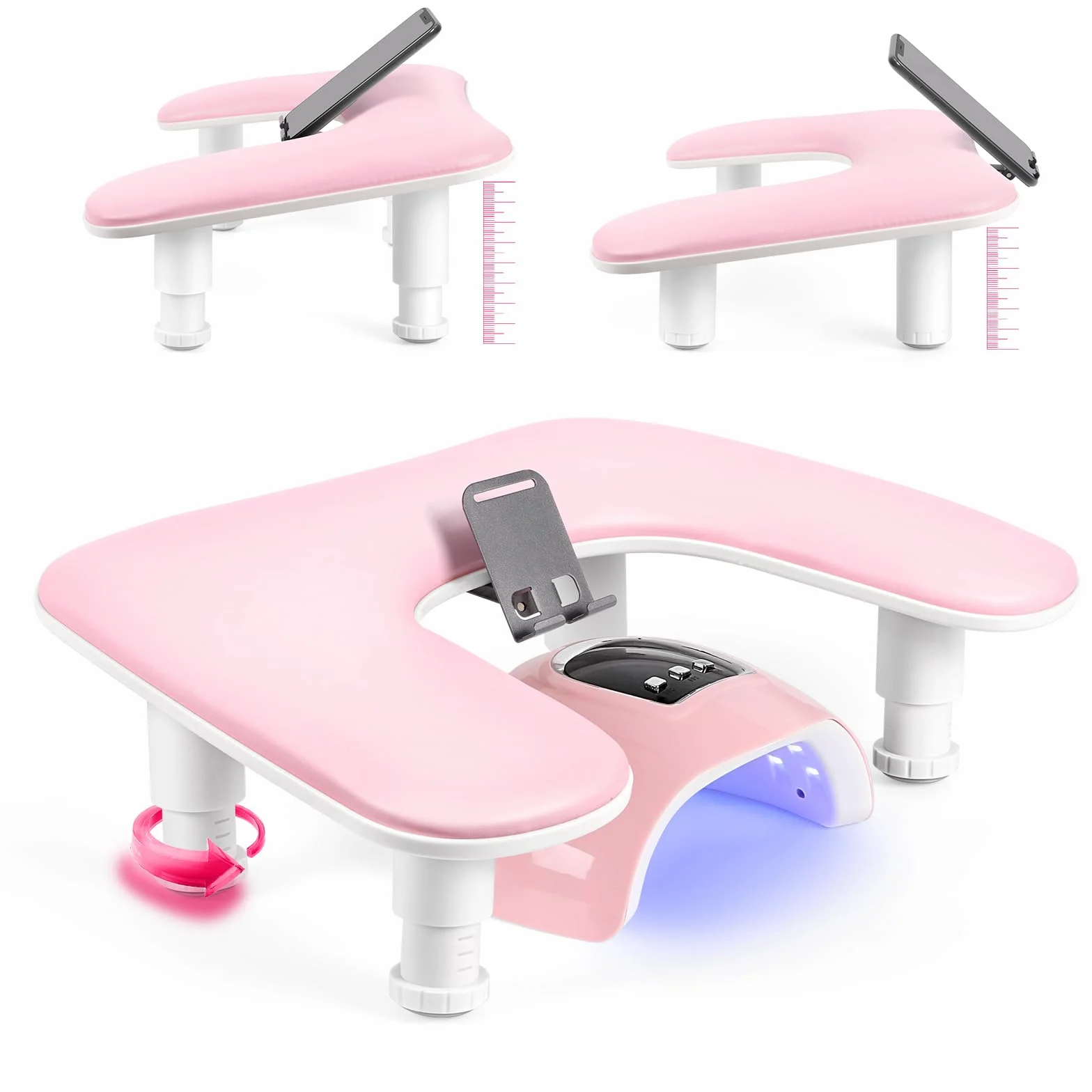 Reposabrazos para uñas para la mano: cojín de mano ajustable con altura y soporte para teléfono giratorio de 360° – Reposabrazos para uñas de cuero PU rosa para uso en salón de uñas y en casa