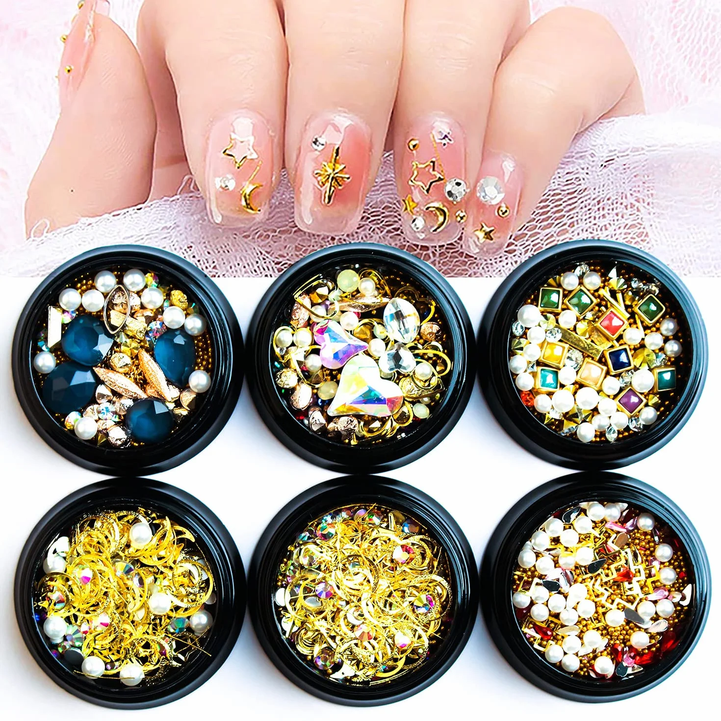 6 cajas de tachuelas de metal con forma de mezcla 3D, perlas grandes, arte de uñas, juego de remaches de uñas con diamantes de imitación, decoración de joyas de uñas con 1 pinza y lápiz