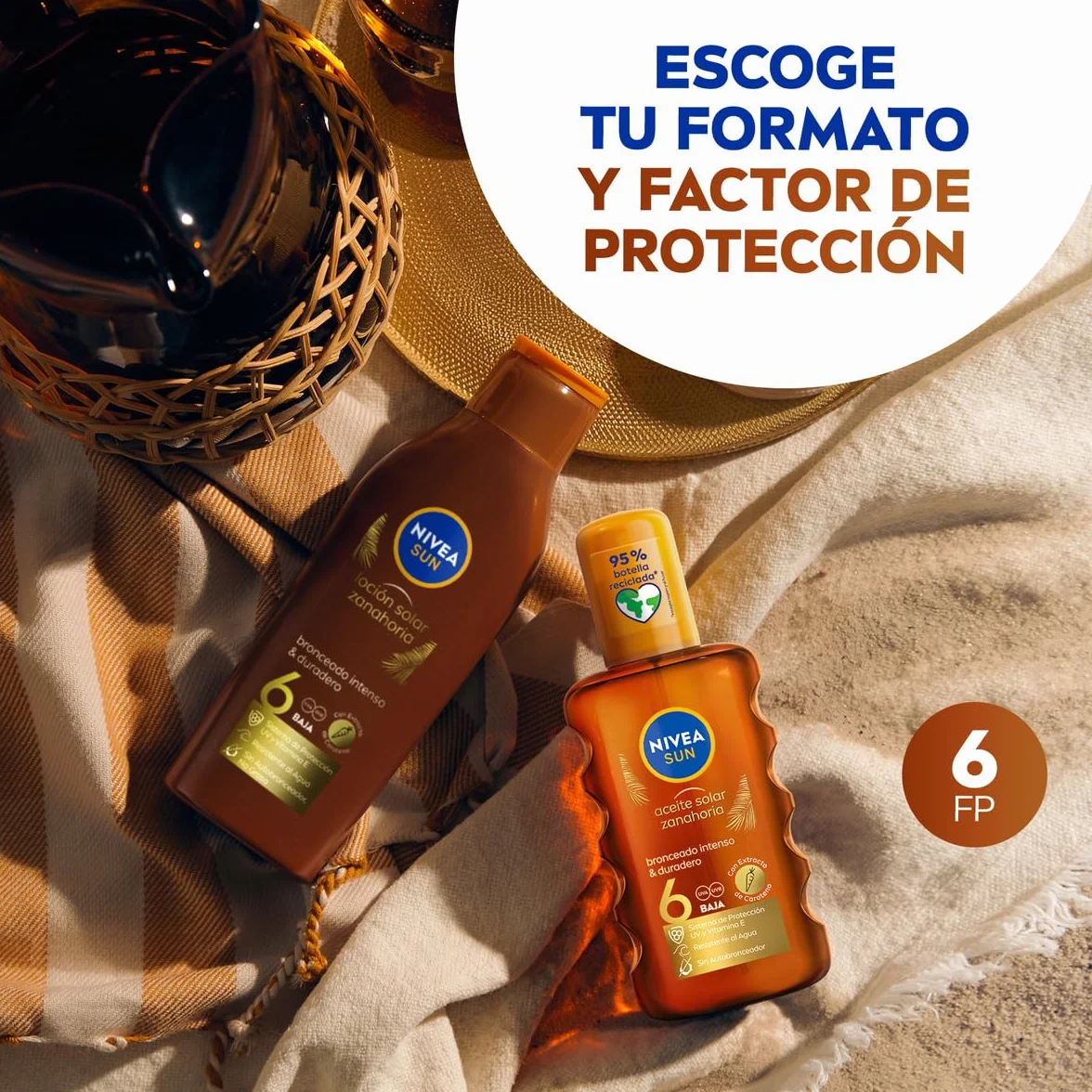 NIVEA SUN Leche Solar Zanahoria FP6 200 ml Protector Solar Hidratante Resistente al Agua Crema Bronceadora