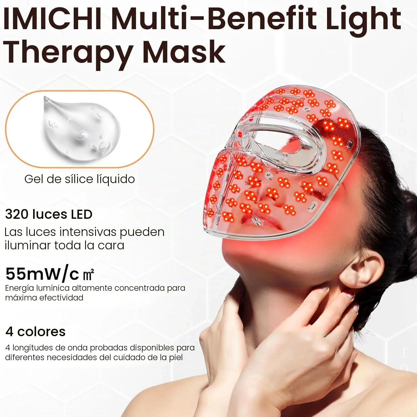 IMICHI Máscaras de silicona LED para el rostro con terapia de luz, 320 piezas de LED, máscara de terapia de luz de 4 colores para antienvejecimiento, rejuvenecimiento, reafirmación, máscara de luz