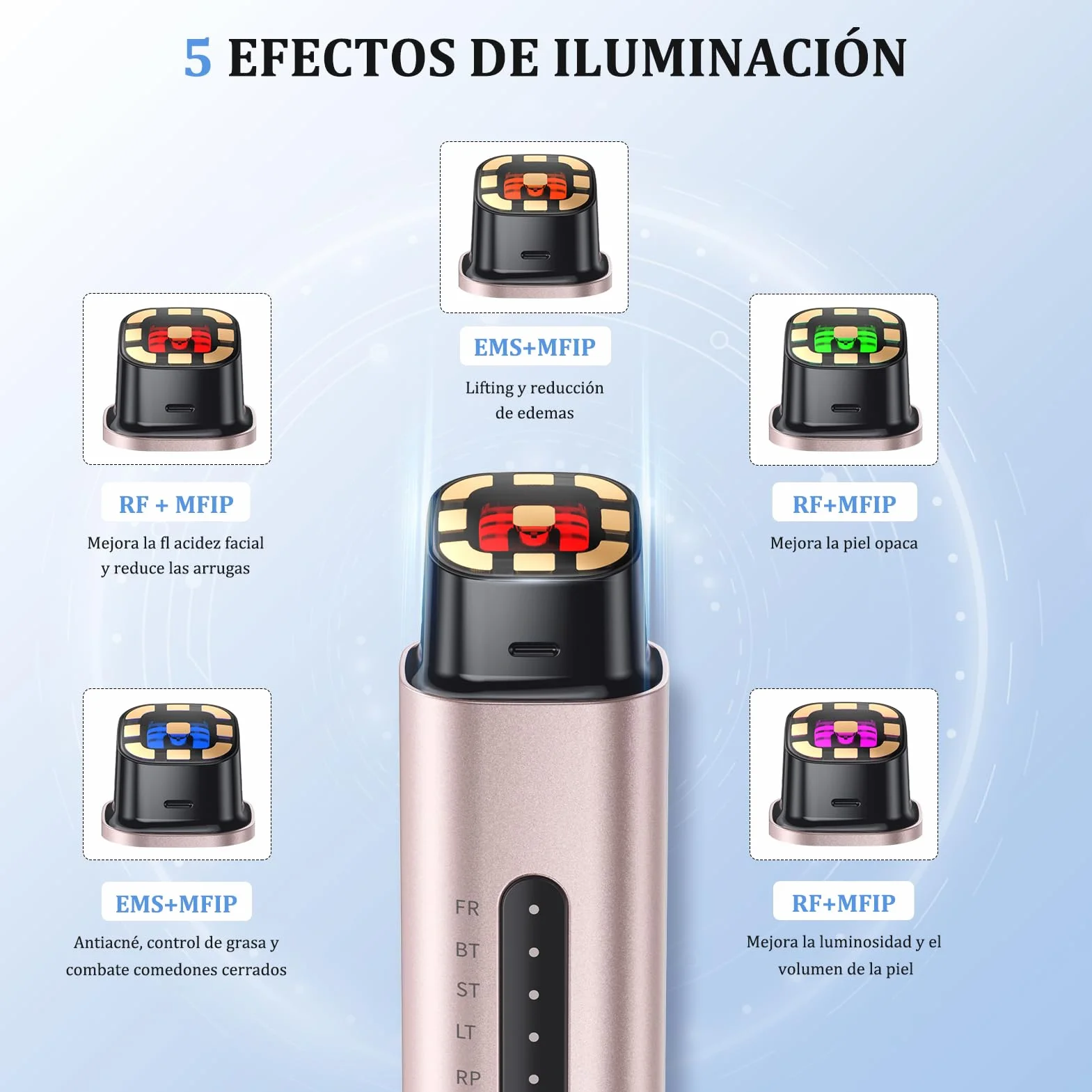 Aparato Radiofrecuencia Facial, 5 en 1 Masajeador Facial de Microcorriente, Dispositivo Eléctrico de Belleza Antiarrugas, Antiacné, Reafirmante y Lifting para Rostro y Cuello