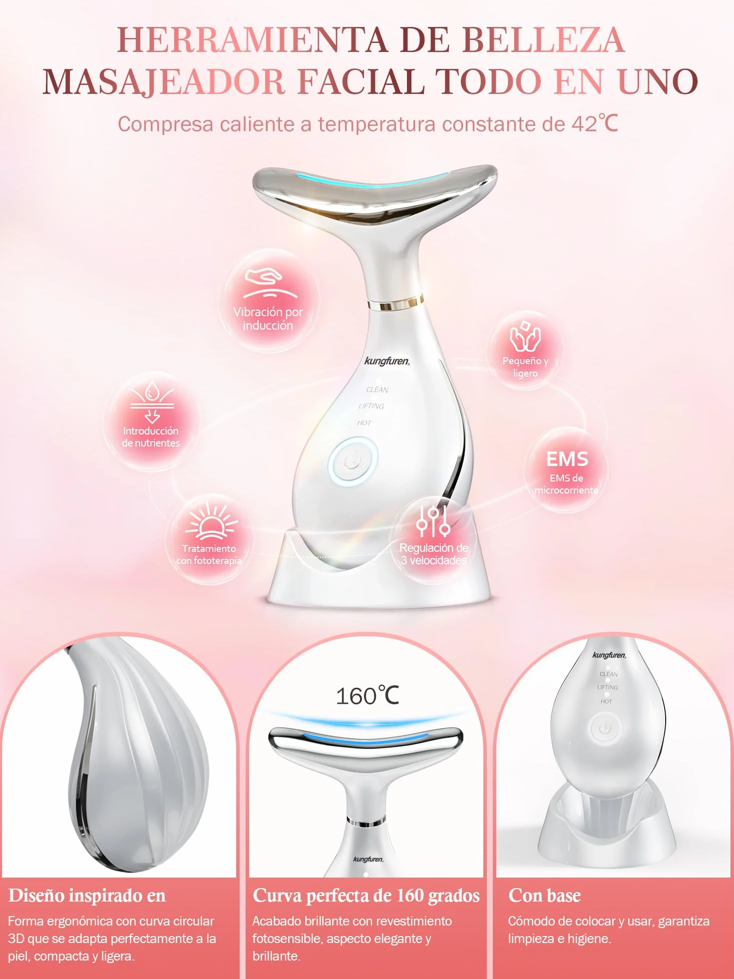 Masajeador Facial Antiarrugas Eléctrico con Calor 42°C Luz LED EMS para Cara y Cuello