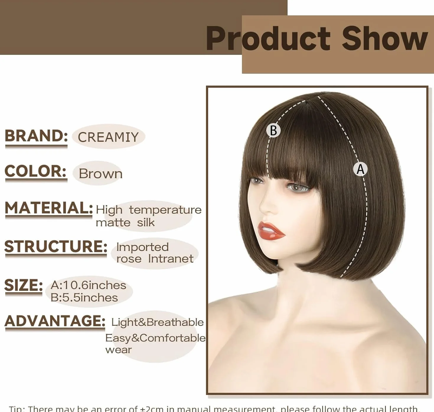 Creamily Peluca Bob Pastel con Flequillo 25 cm Marrón Sintética para Mujer Cosplay