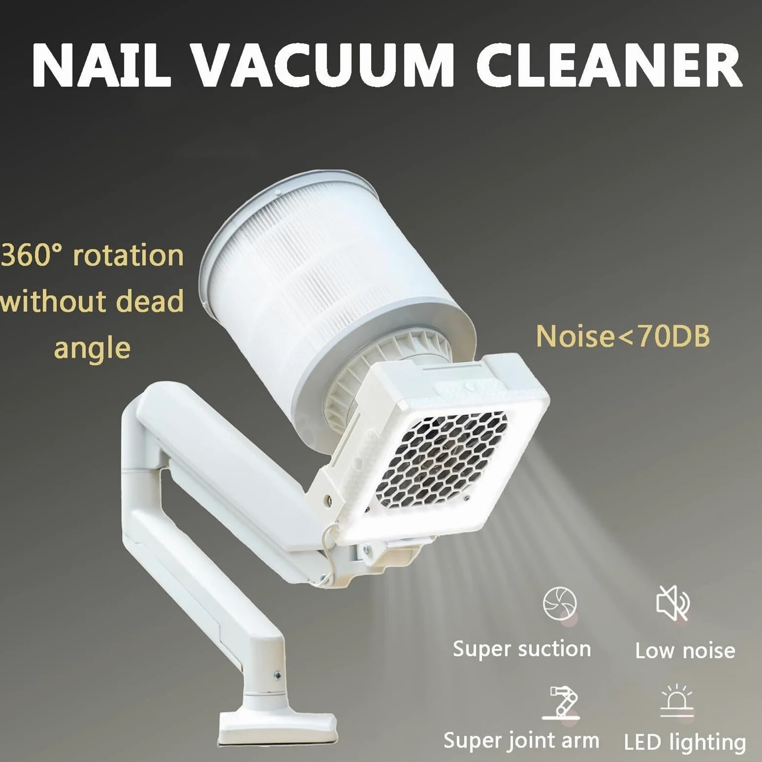 Aspirador de uñas universal de escritorio, aspirador vertical con luz LED, succión ajustable, soporte metálico de ángulo ajustable, colector de polvo profesional para salón de uñas en casa.