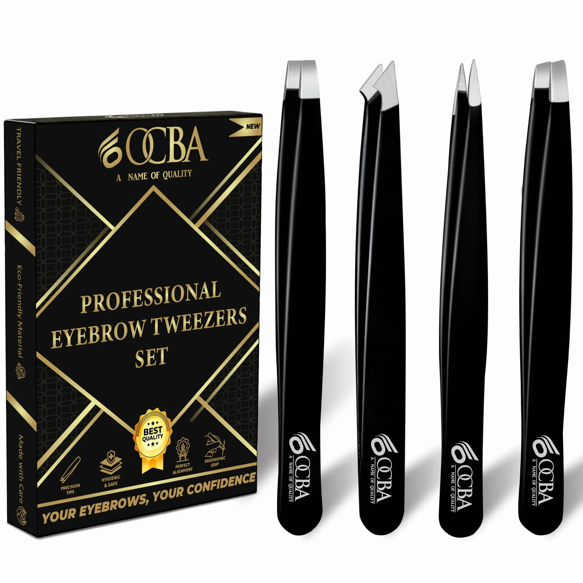 OCBA Pinzas para cejas profesionales antideslizantes Punta mejorada 4 piezas Negro