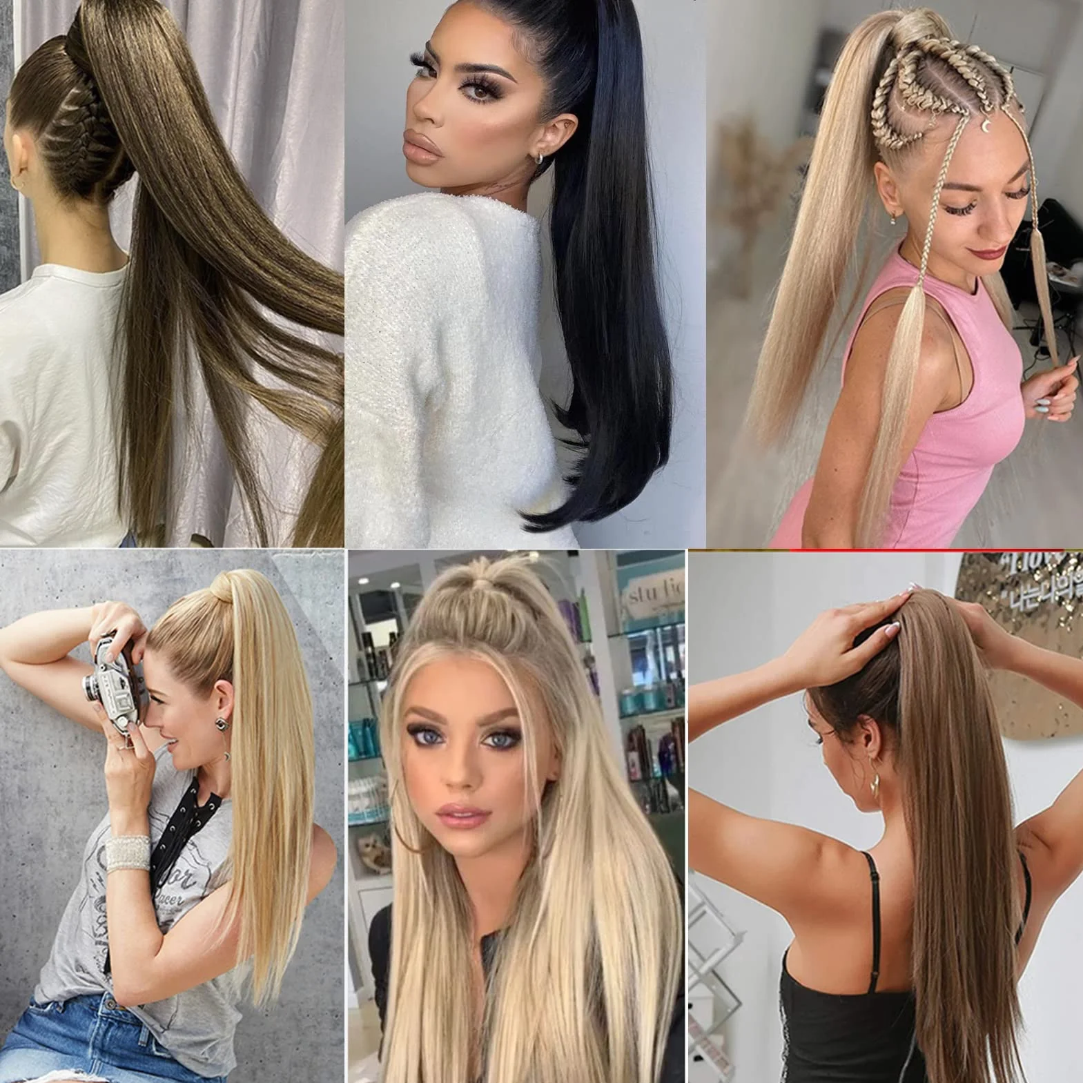 Coleta Postiza Extensiones de Cabello Natural Clip Pelo Sintetico Liso Largo Ponytail Hair Extension Cola Wrap Around Rubio arenoso&Blanqueador rubia