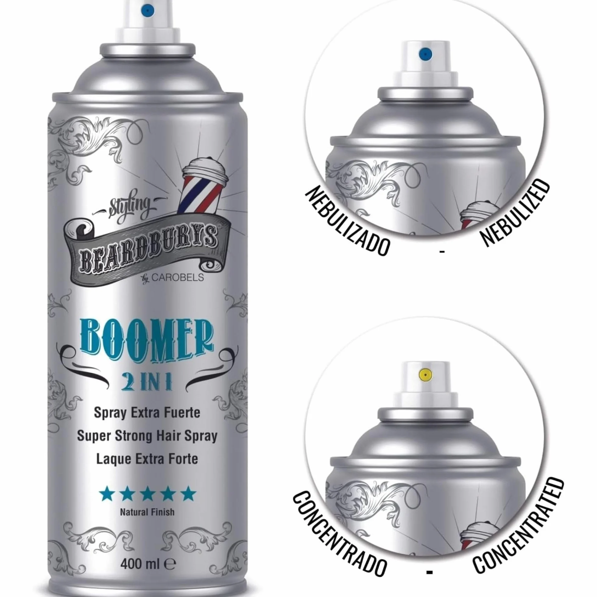 Beardburys HairSpray 2 en 1 Boomer Laca Profesional para el Pelo Hombre, Mate con Fijación Extra Fuerte, 400ml