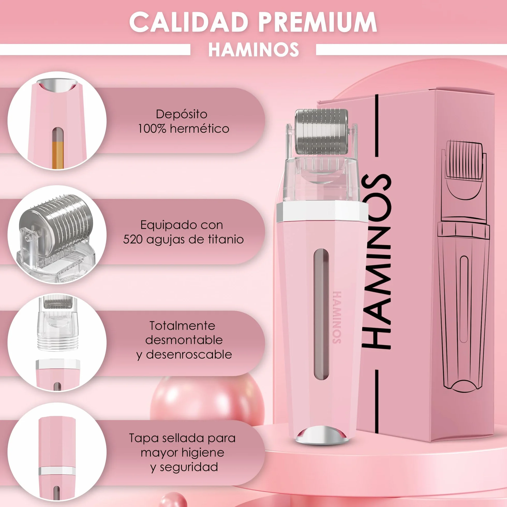 HAMINOS Derma roller 0,5 mm 3.0 con Depósito para Piel, 520 Agujas de Titanio