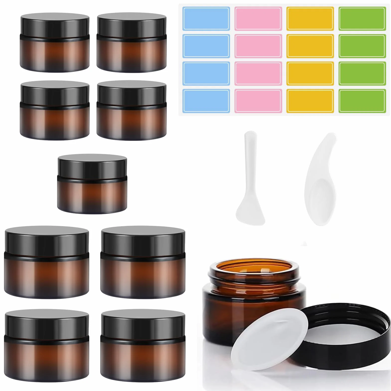 Tarros de Cristal Ámbar 10 Piezas 20 ml 30 ml con Pegatina y Cuchara para Cosméticos