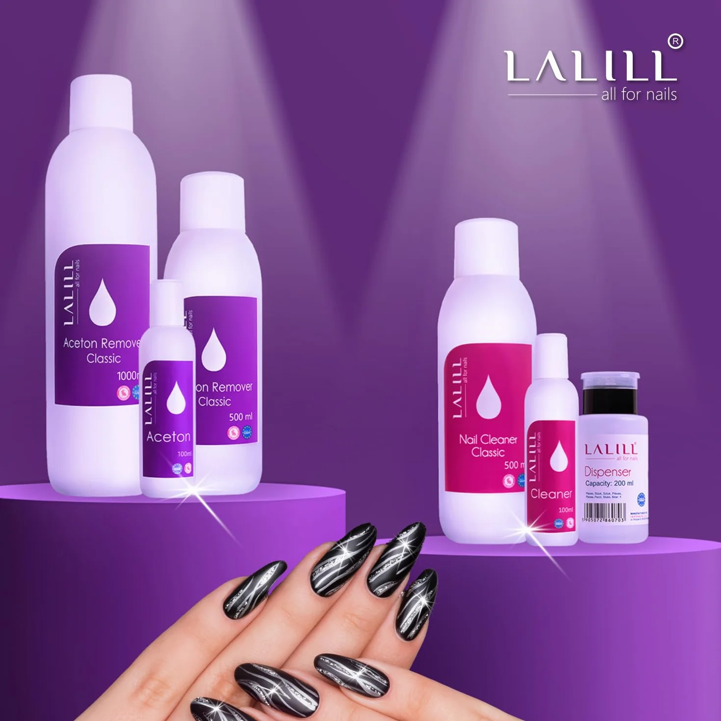 LALILL Cleaner de Uñas 500ml con Dosificador y 500 Almohadillas - Limpiador para Uñas de Gel y Semipermanente - Botella con Bomba 200ml - Algodón sin Pelusa