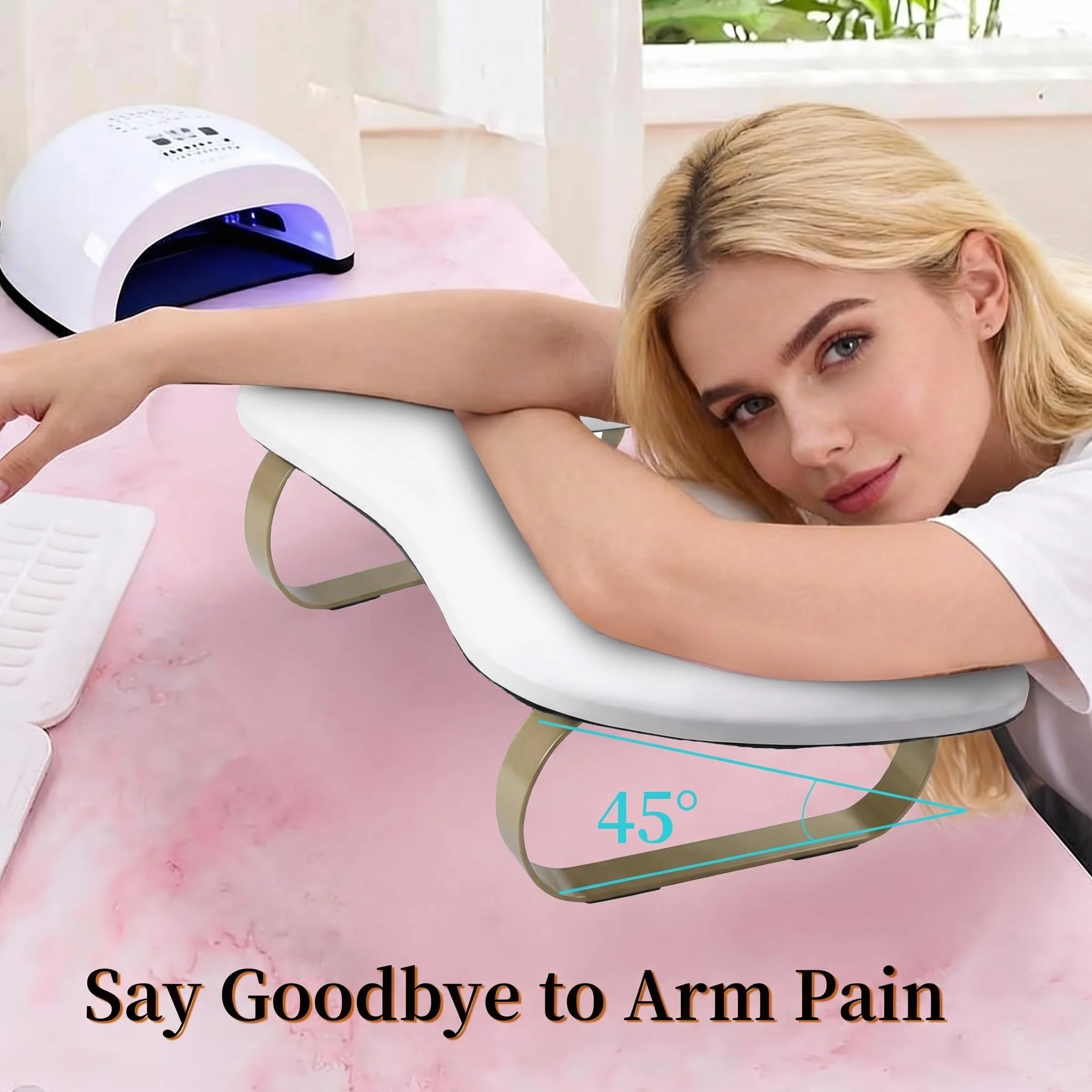 Reposabrazos en forma de U: soporte de arco dorado para uñas, soporte ergonómico en ángulo de 45° para profesionales del arte de uñas y uso doméstico, reposamanos de manicura y pedicura