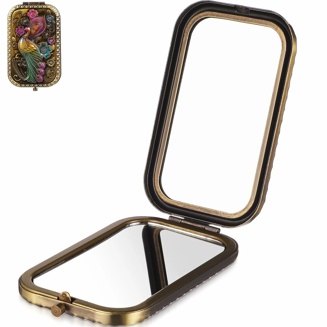 Healeved Espejo compacto plegable vintage de metal doble cara redondo portátil para maquillaje