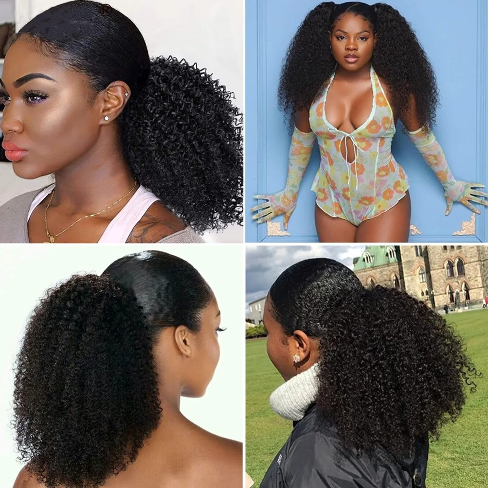 Piezas de Pelo de Moño Para mujer 1 paquete de extensión de cola de caballo con cordón ondulado rizado, horquilla brasileña, peluca de cola de caballo, moño de cola de caballo con cordón negro Natural
