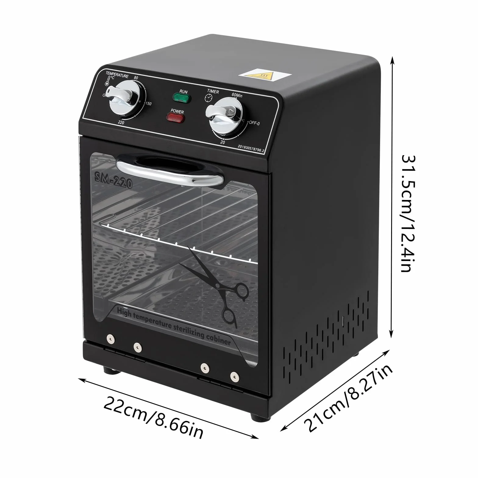 Esterilizador de Alta Temperatura de 2 Niveles, 8L, 600W, Temperatura Ajustable 0-220 ℃, Tiempo Ajustable 0-60 Min, 22 x 21 x 31,5 Cm (Negro)