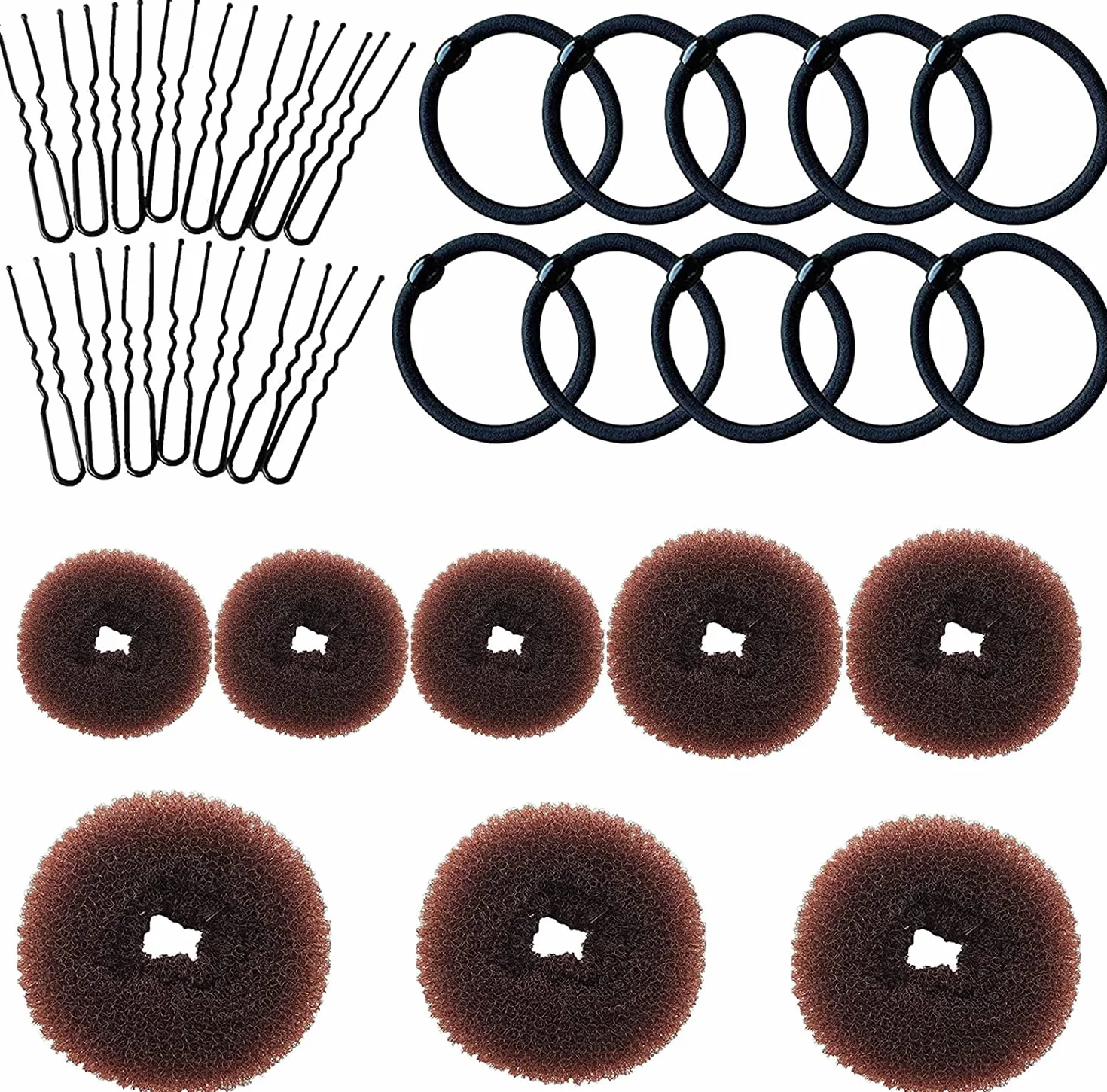 VEGCOO Donut de Pelo Moño Accesorios de Peinado Kit con 10 Gomas Negras y 15 Horquillas (marrón)