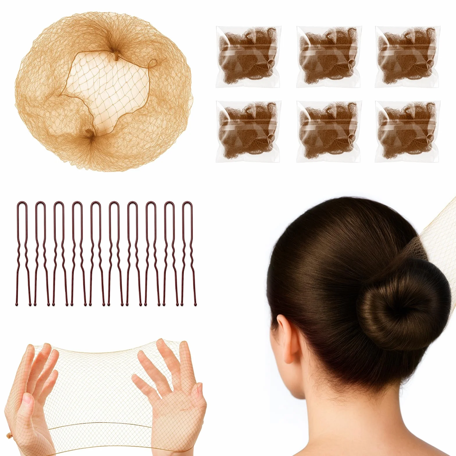 Mallas para el cabello para moños 20 piezas con horquillas en forma de U 50 cm/20 pulgadas para mujeres niñas bailarinas