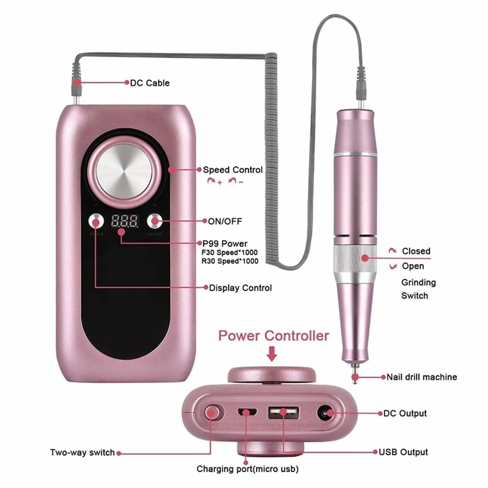 Taladro eléctrico for uñas, máquina de manicura profesional de 30000RPM, aparato for manicura, Kit de pedicura, lima de uñas con herramienta cortadora de uñas(Pink-C)