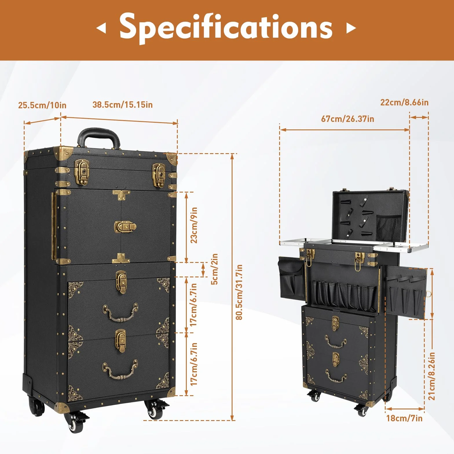 Carrito de peluquería 3 niveles con cerradura 39x25x82 cm soporte secador pelo