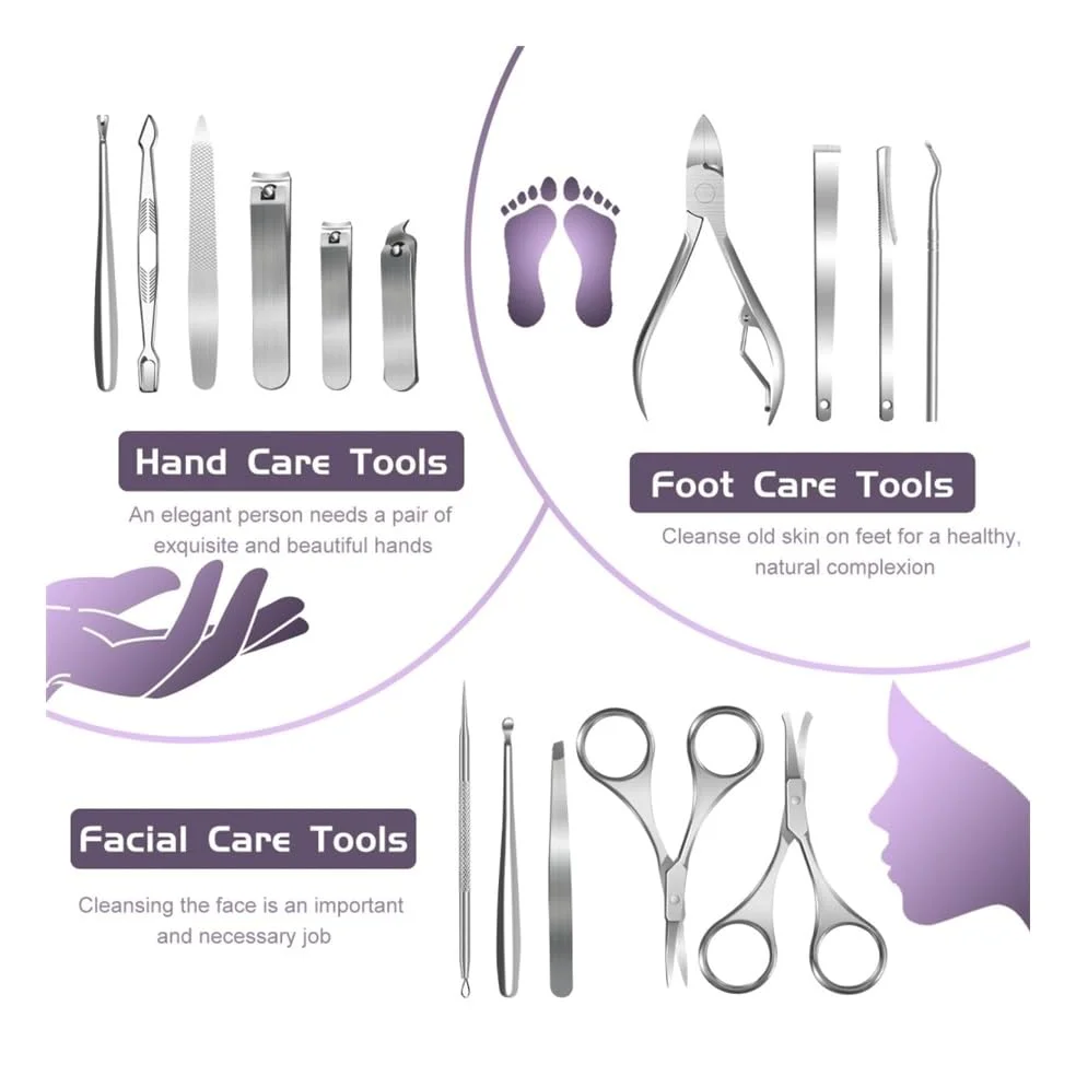 Kit de manicura y pedicura 15 en 1 de acero inoxidable con estuche de viaje, herramientas para el cuidado de las uñas de los pies, cortaúñas para los dedos de los pies y cortaúñas para las manos.
