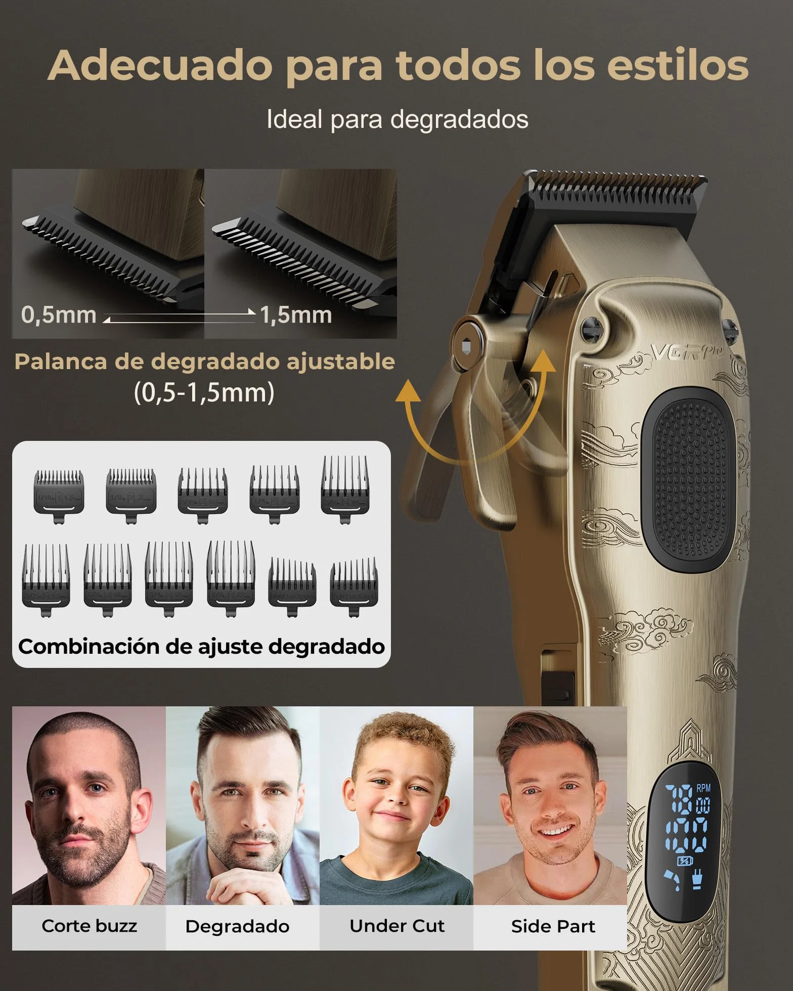 VGRPRO Profesional Cortapelos Hombre Inalámbrico Kit Cortadora de Pelo y Trimmer con Caja de Embalaje Dorado