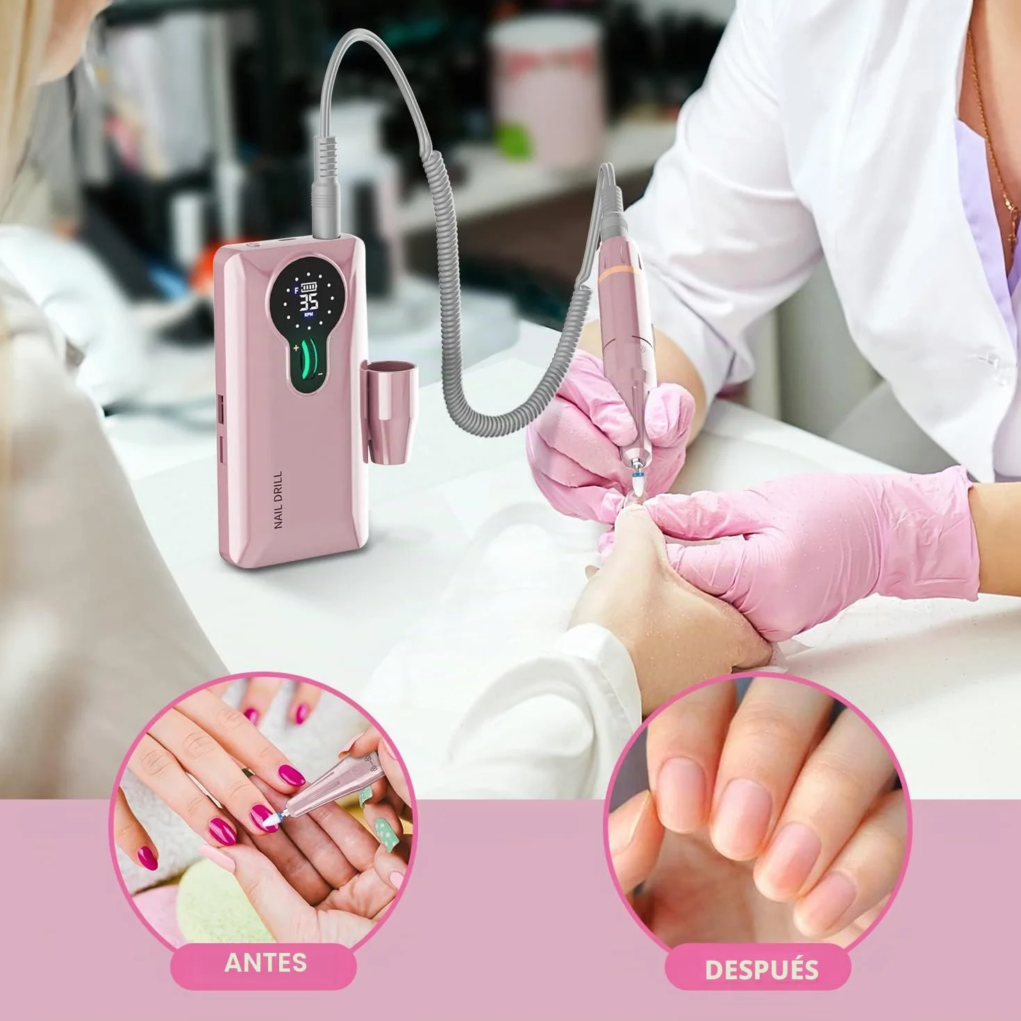 Torno para Uñas Profesional 35000 RPM, Autonomía 20H Lima Eléctrica Inalámbrica para Uñas de Gel y Acrílico, Kit con 13 Brocas y 56 Bandas de Lija, Pantalla LCD, Rosa (S506)