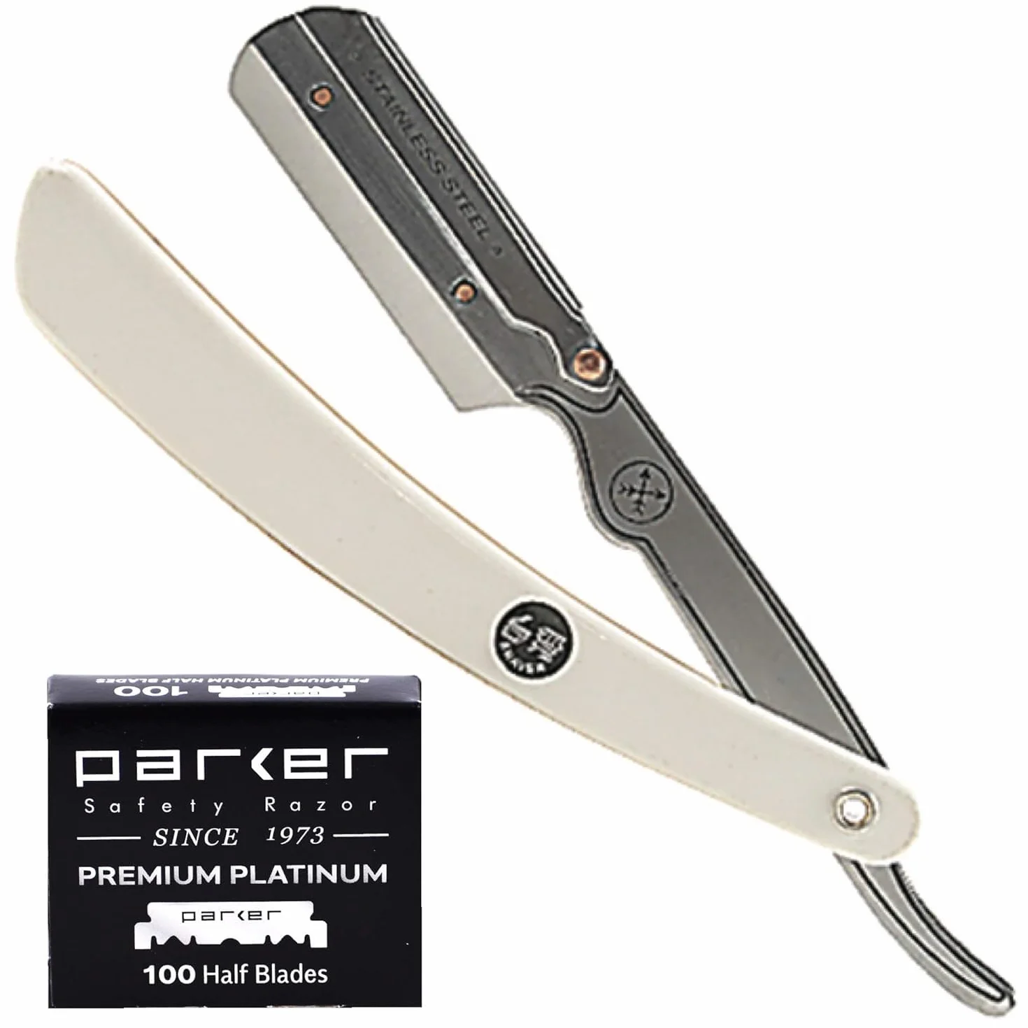 Parker Safety Razor Maquinilla de Afeitar Recta de Acero Inoxidable para Barbero con Cuchillas Shark 100 Super Inoxidable Blanco