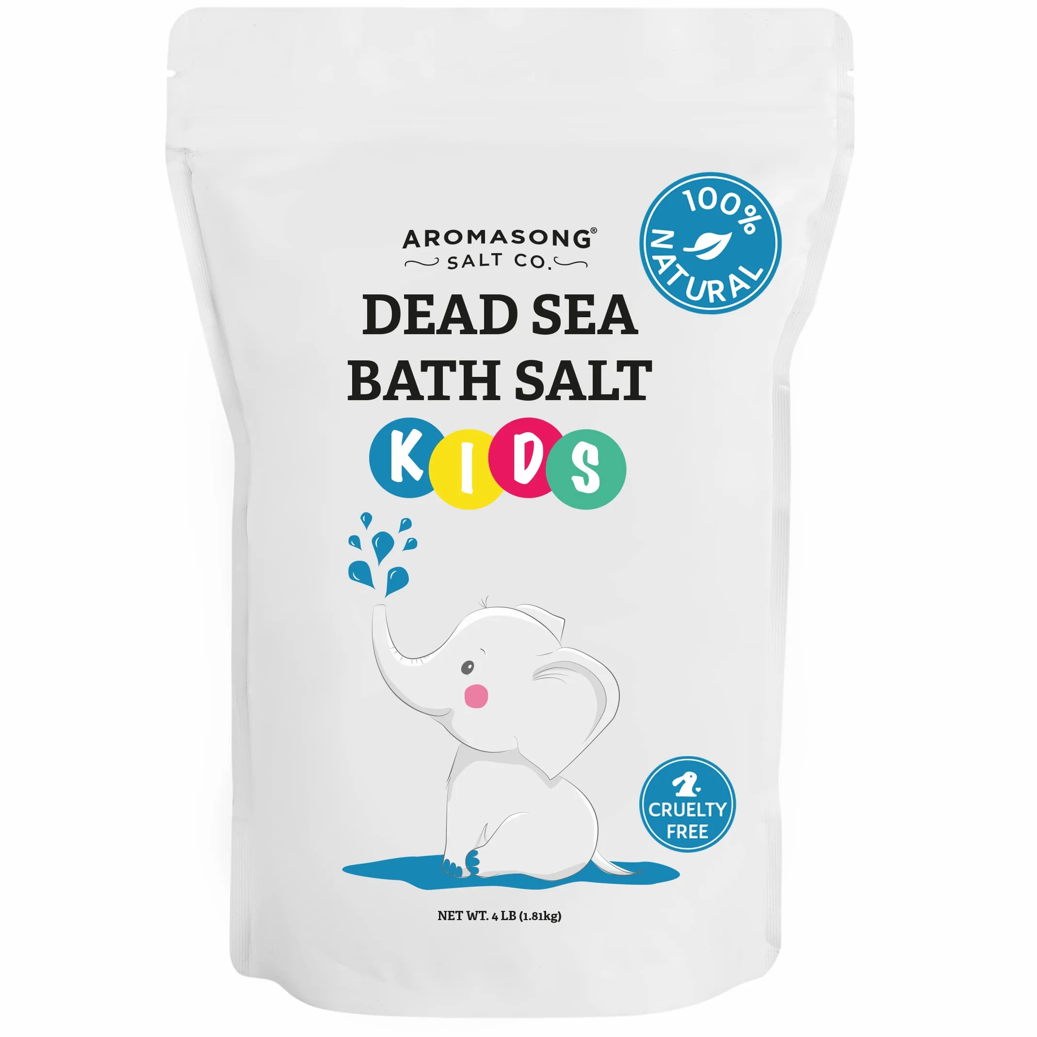Aromasong Sal del Mar Muerto para niños, 4 libras. Paquete resellable grande de grano fino, 100% puro y natural.