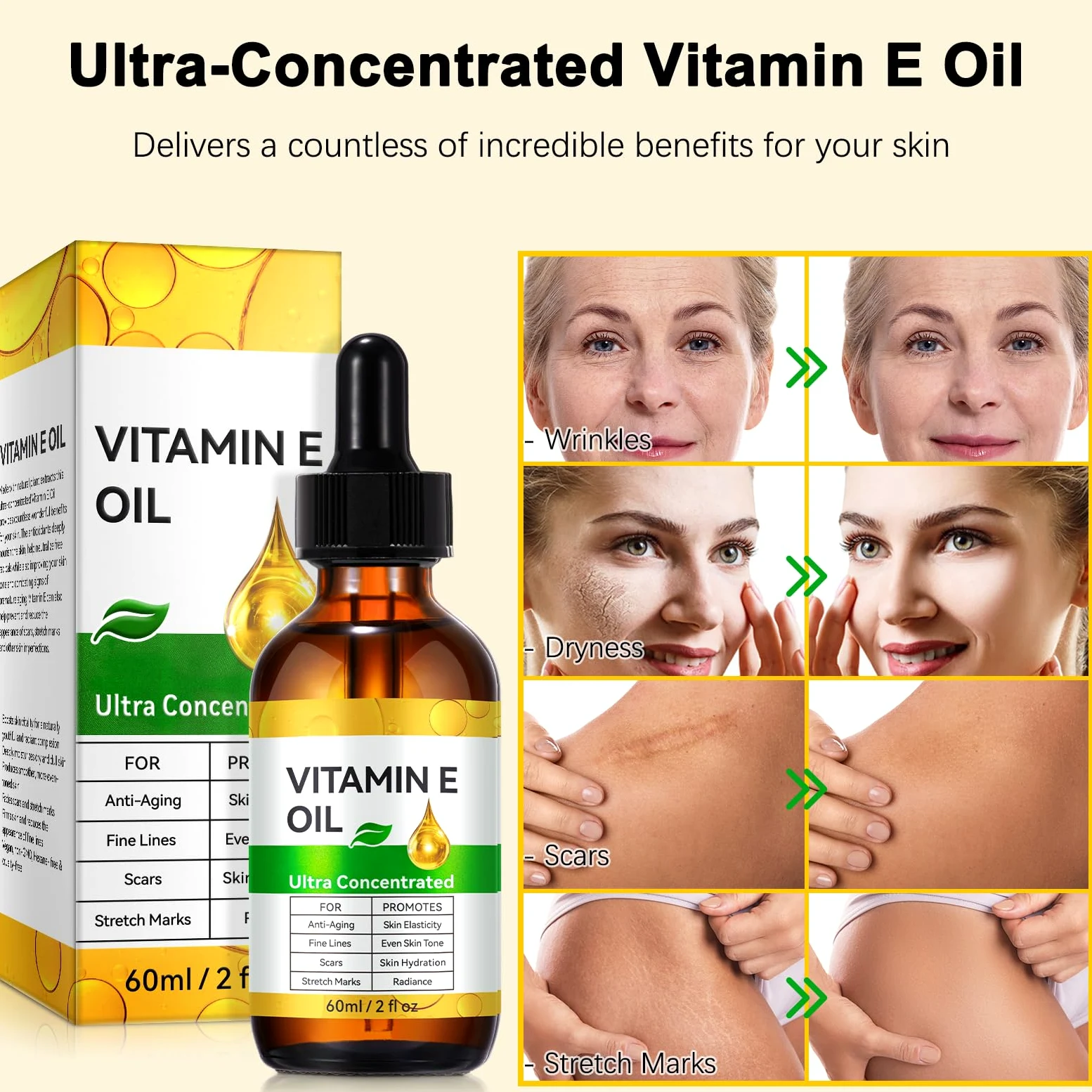 Liefiet Mezcla de vitamina E 75.000 Ui, aceite puro de vitamina E para piel, cicatrices, uñas y cuero cabelludo, hidratante para rostro y cuerpo, hidrata la piel seca, reduce las estrías, L