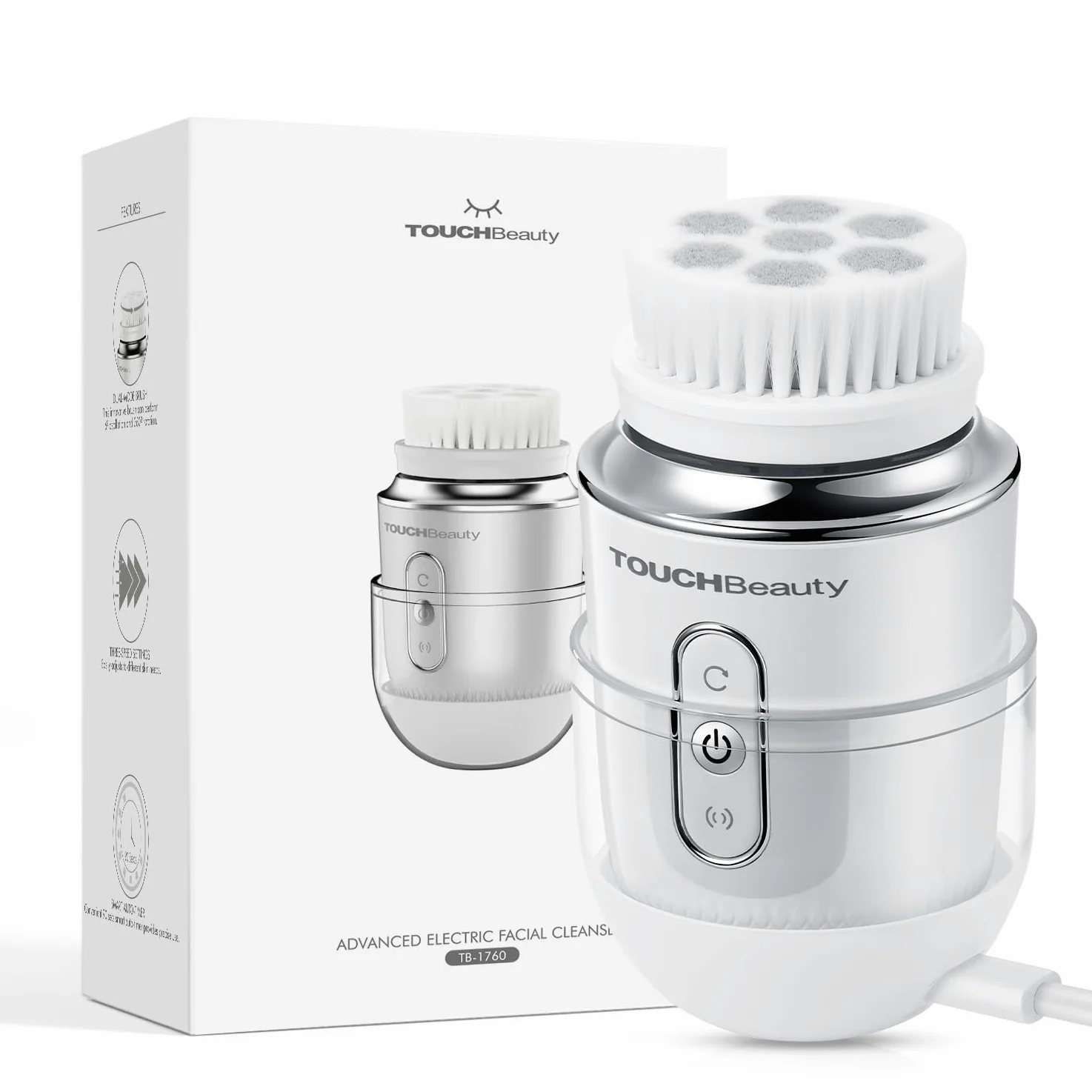 TOUCHBeauty Regalos de Navidad Cepillo facial eléctrico impermeable cara con 2 cabezales de cepillo,6 etapas de rotación para la piel limpieza profunda exfoliación suave,Recargable AG-1760
