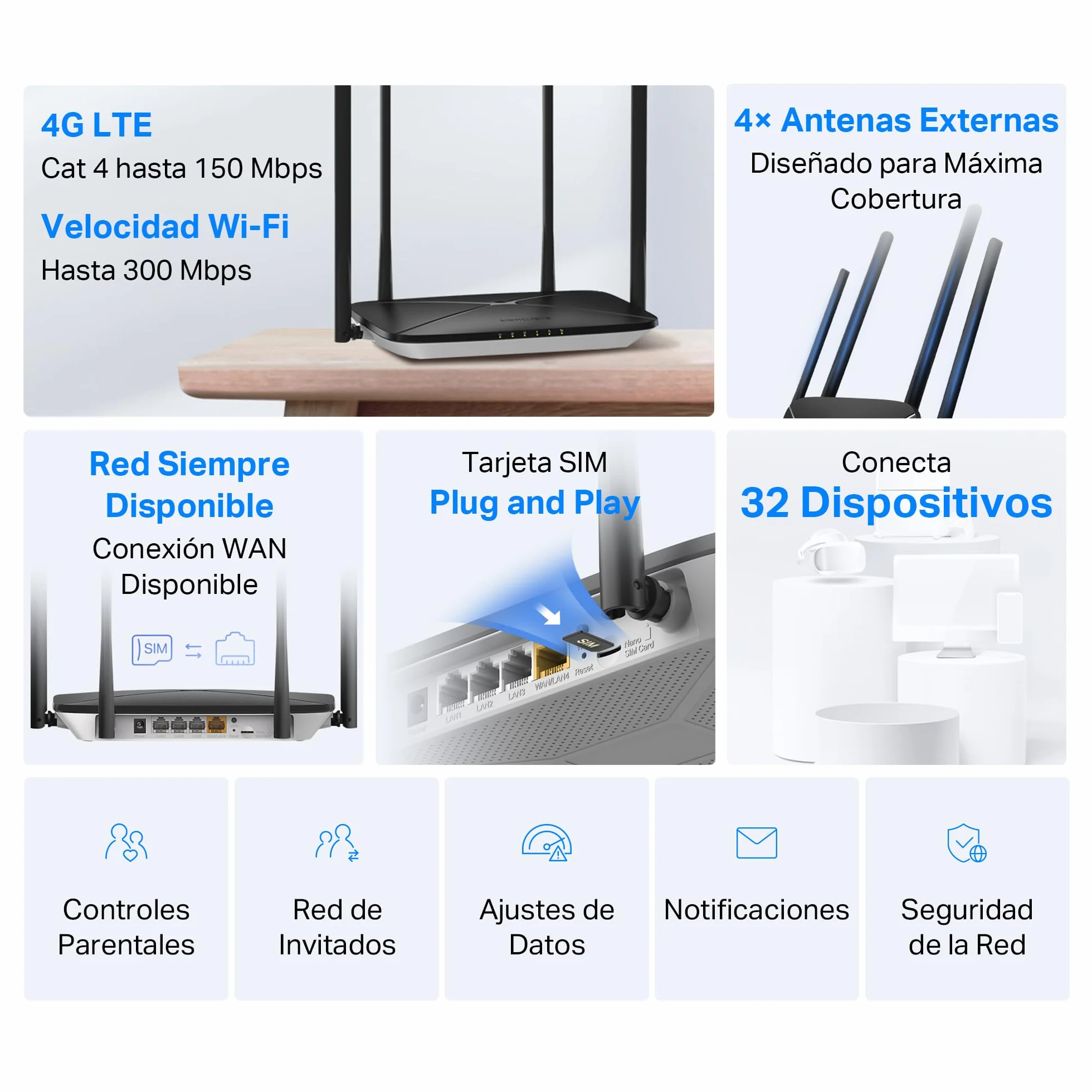 Mercusys MB115-4G 300 Mbps Wireless N 4G LTE Router, WiFi 300 Mbps, 4 Antenas, Cobertura para 32 Dispositivos