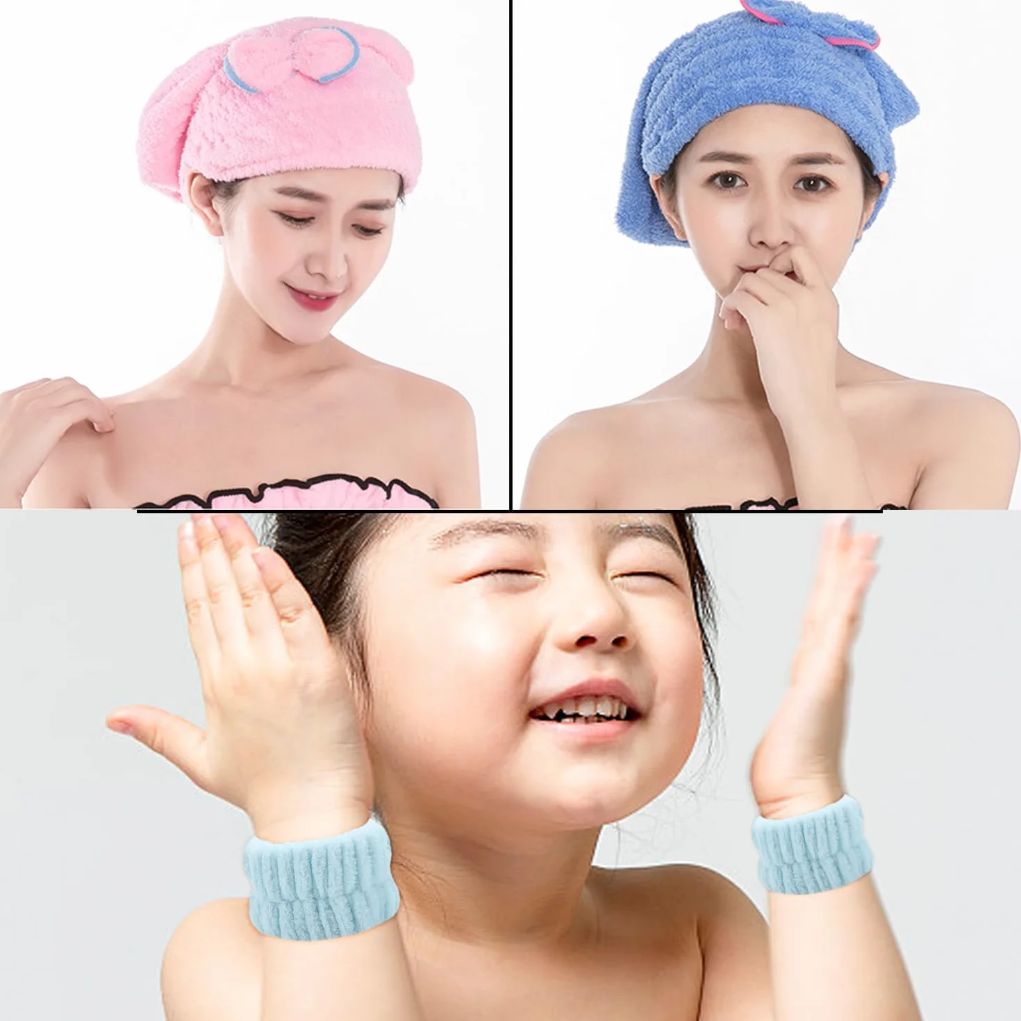 MEMOFYND Toallas para el Cabello de Microfibra, Gorro para el Cabello Seco, Muñequeras para Lavado de Cara (Azul, Rosa)