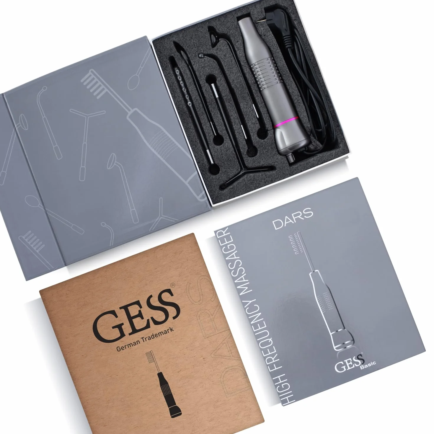 GESS Dars Dispositivo Alta Frecuencia 5 en 1 para Cabello y Rostro, Máquina con 5 Electrodos Neón y Argón Darsonval