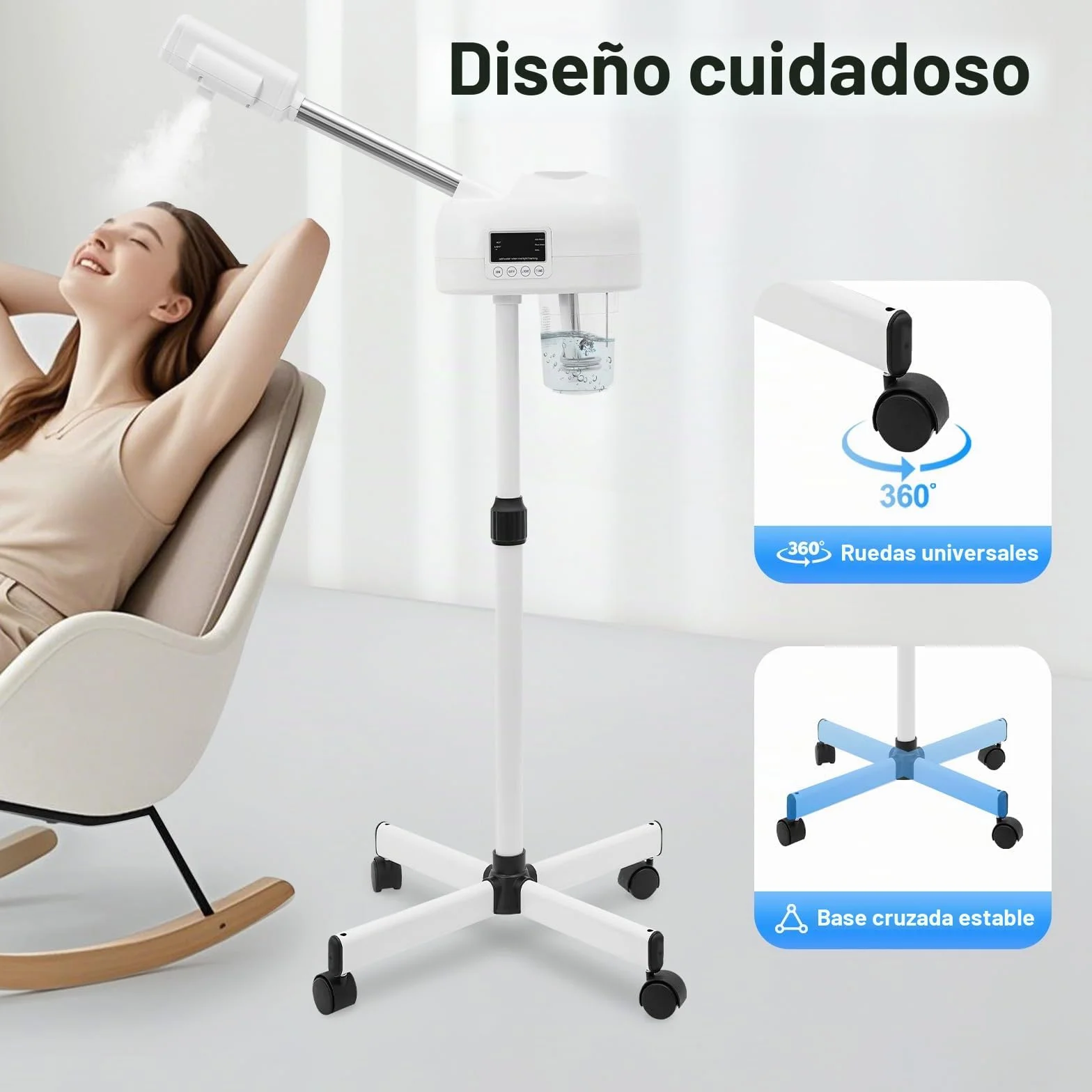 Profesional Vapor Facial Humidificador Brazo Giratorio Panel LCD Ozono Spray Caliente Limpieza Poros