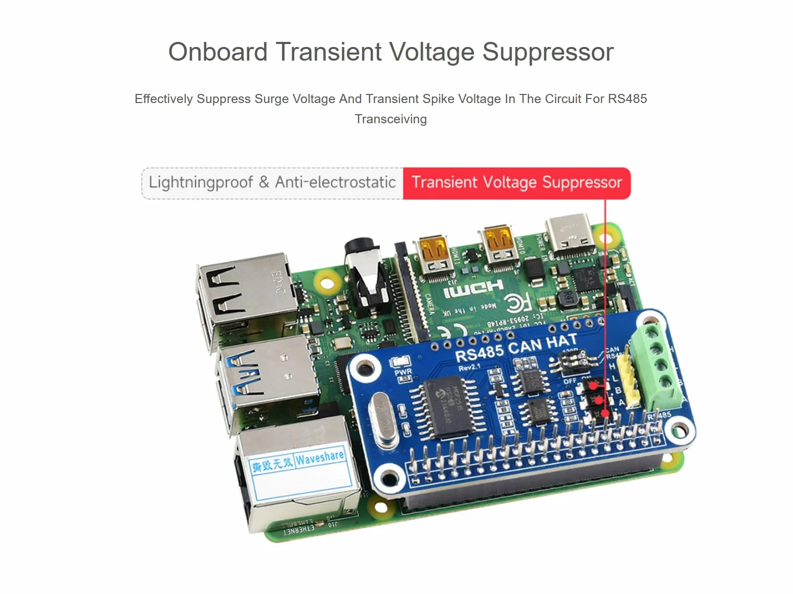 RS485 CAN HAT para Raspberry Pi 4B/3B+/3B/2B/B+/A+/Zero/Zero W/WH, Comunicación a Larga Distancia