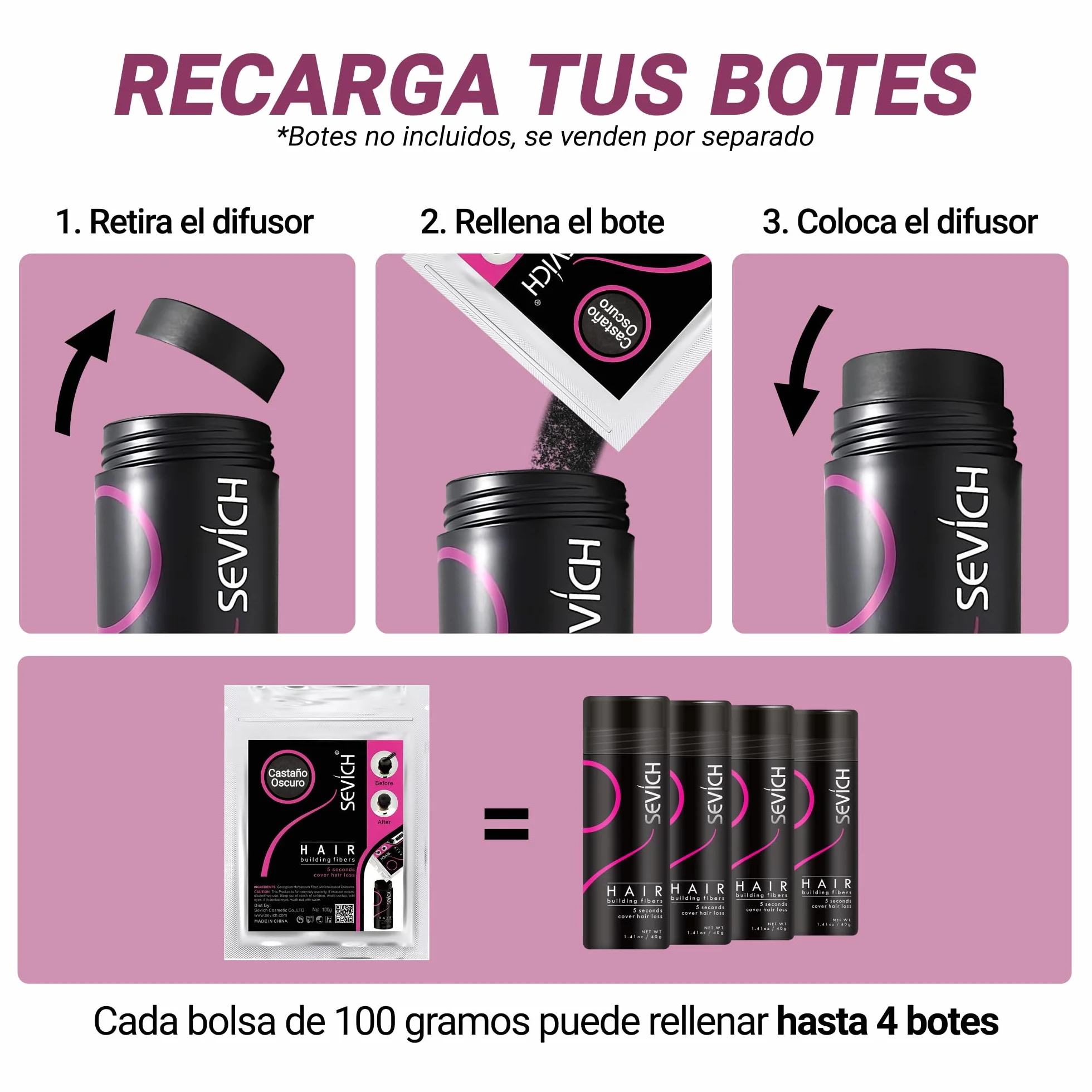 Bolsa Recarga Fibras Capilares Castaño Oscuro 100g 100% Natural para Disimular Calvicie y Alopecia