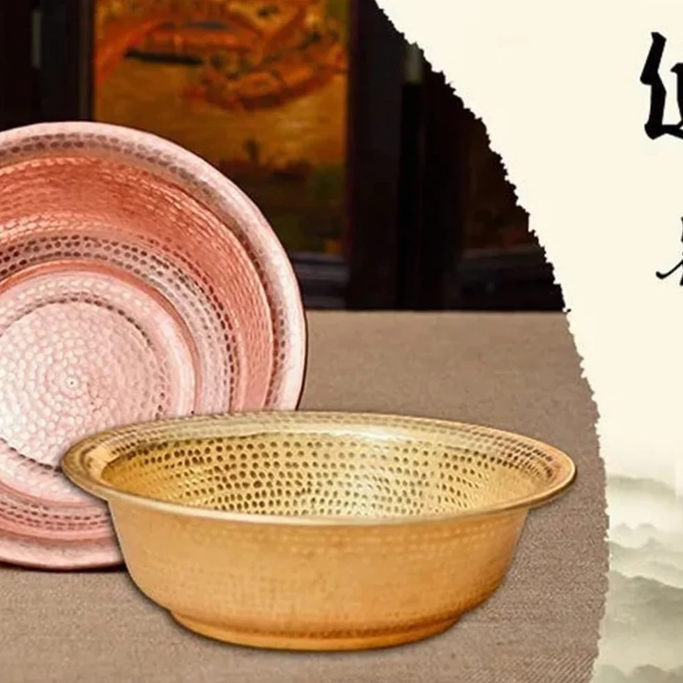 Palangana de Cobre Puro Martillado a Mano, Capacidad 8-10 Litros, Cuenco Multiusos para Pedicura, Lavado Facial y Baño de Pies, Ideal para Bodas y Decoración del Hogar(Brass,38cm)