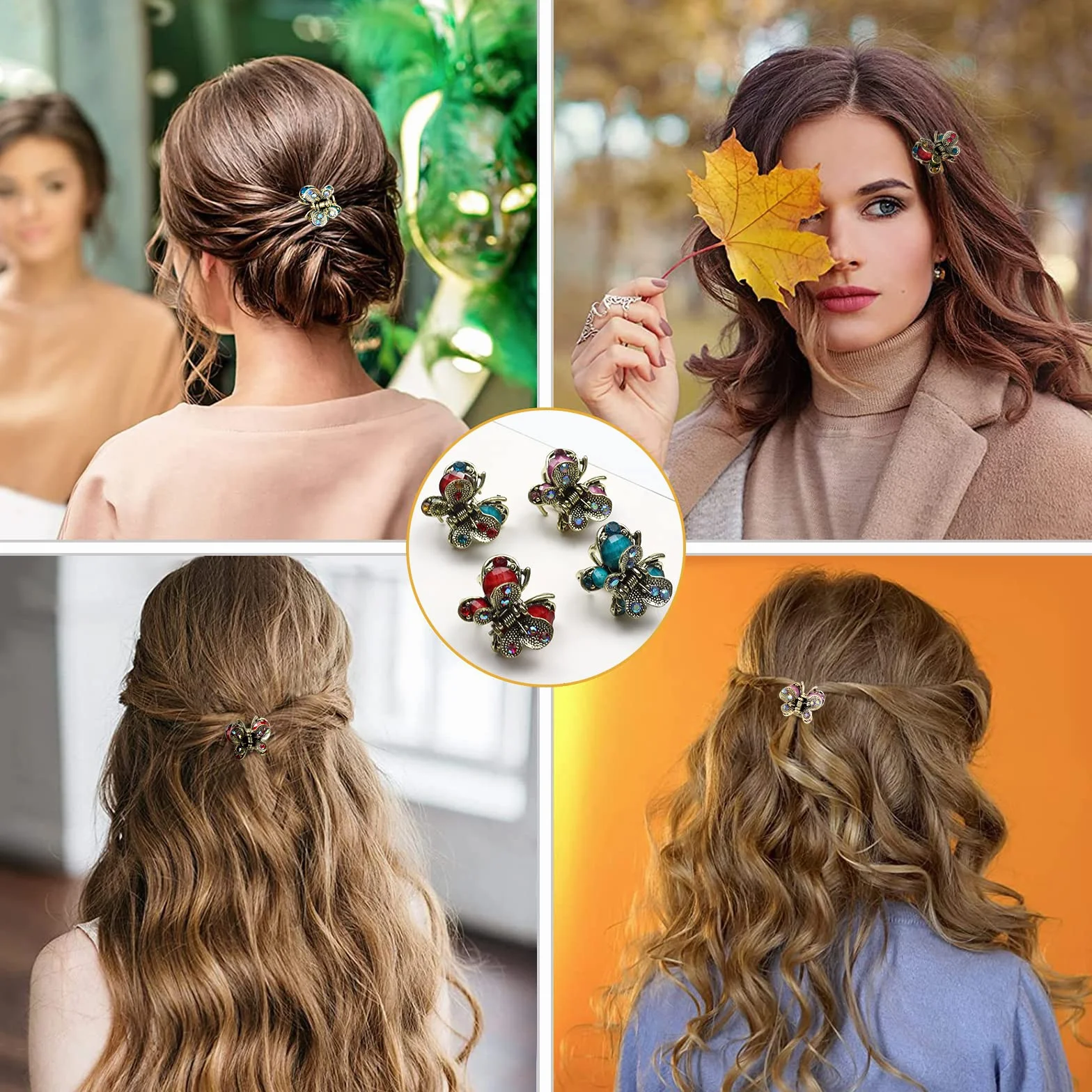 Kavya Pinza para el pelo pequeña con cristales de mariposa retro francesa vintage antideslizante de metal mini 4 piezas