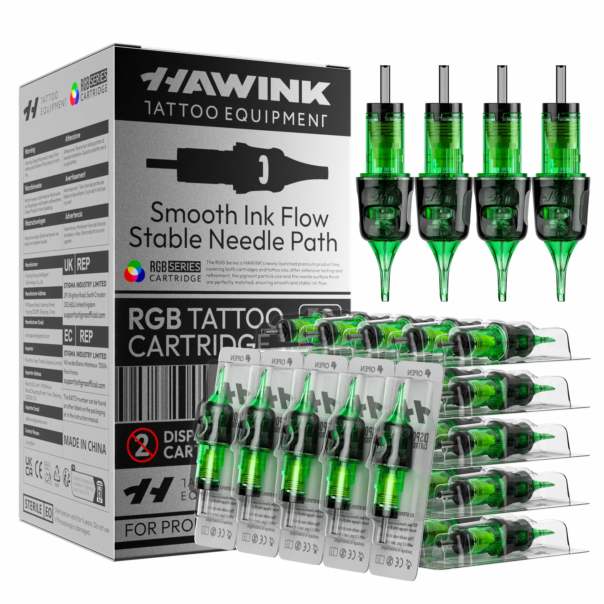 HAWINK Agujas Tatuaje Kit 50 uds. Tattoo Cartuchos Desechables #10 Bugpin Round Liner 3RL 5RL 7RL 9RL 11RL D. 0,30 mm Profesionales Tattoo Supplies para Principiantes y Artistas EN20-FG-50KIT-R
