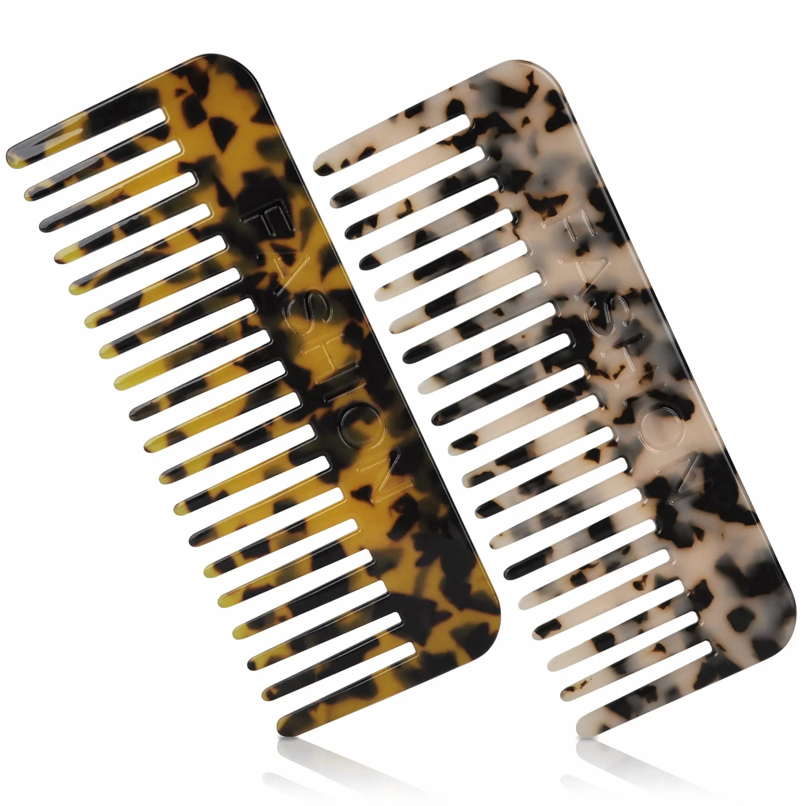 Peine Pelo Rizado 2 Piezas, Peine Púas Anchas Antienredos Antiestáticos para Cabello Largo Húmedo, Rizos, Marrón/Blanco
