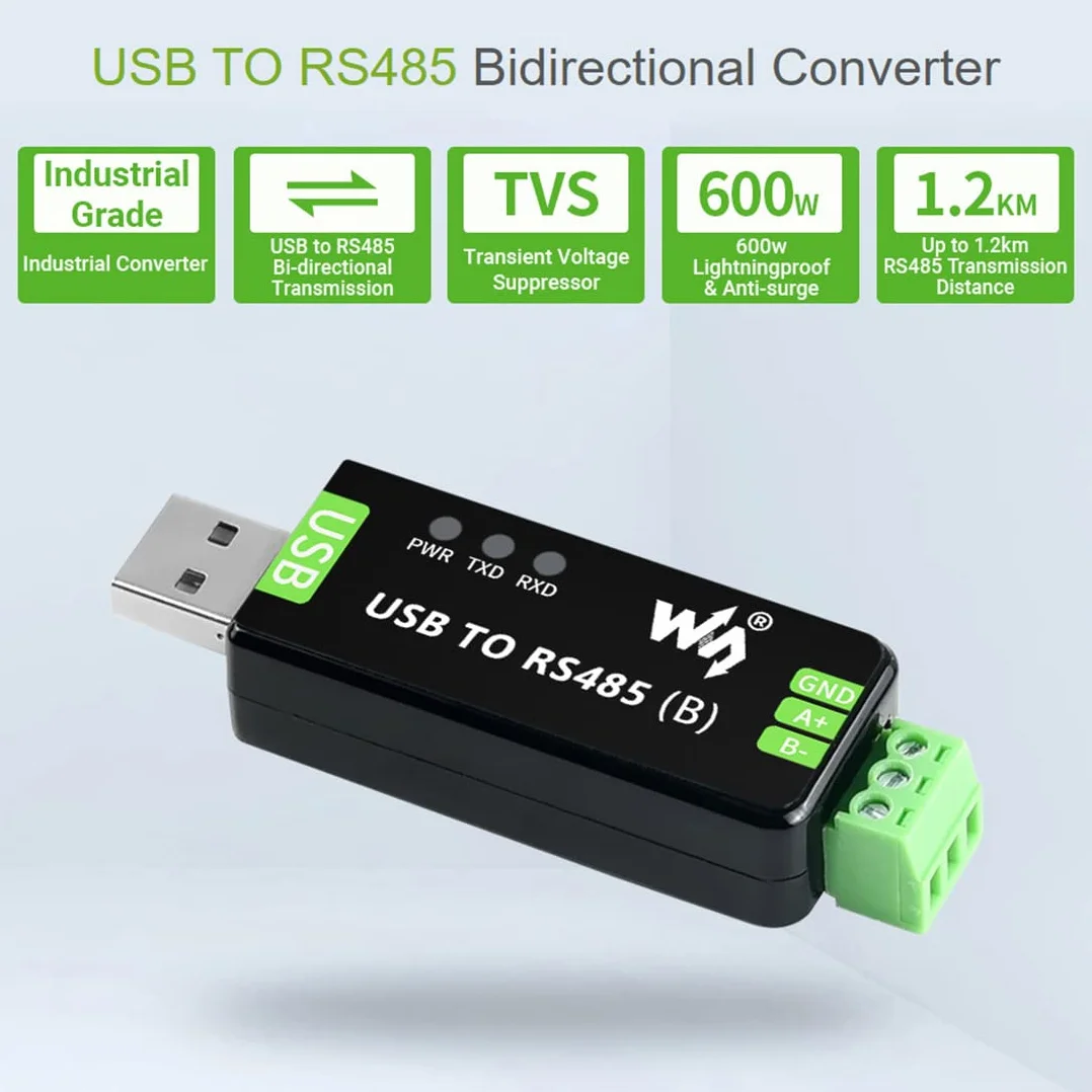 Waveshare Industrial USB to RS485 Bidirectional Converter CH343G SP485EEN ESD TVS Protection Mac Linux Android WinCE Win11/10/8.1/8/7/XP