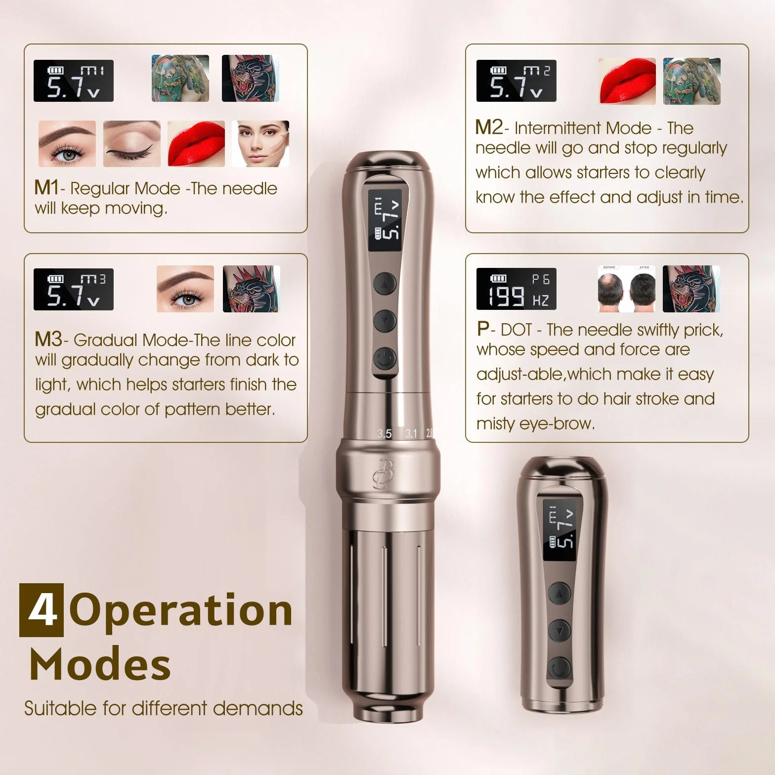 Biomaser Wireless Semi Permanent Maquillaje U1 Permanente Lápiz Inalámbrico Ajustable en Seis Tiempos Pantalla OLED para Maquillaje con 2 Batería 1000mAh